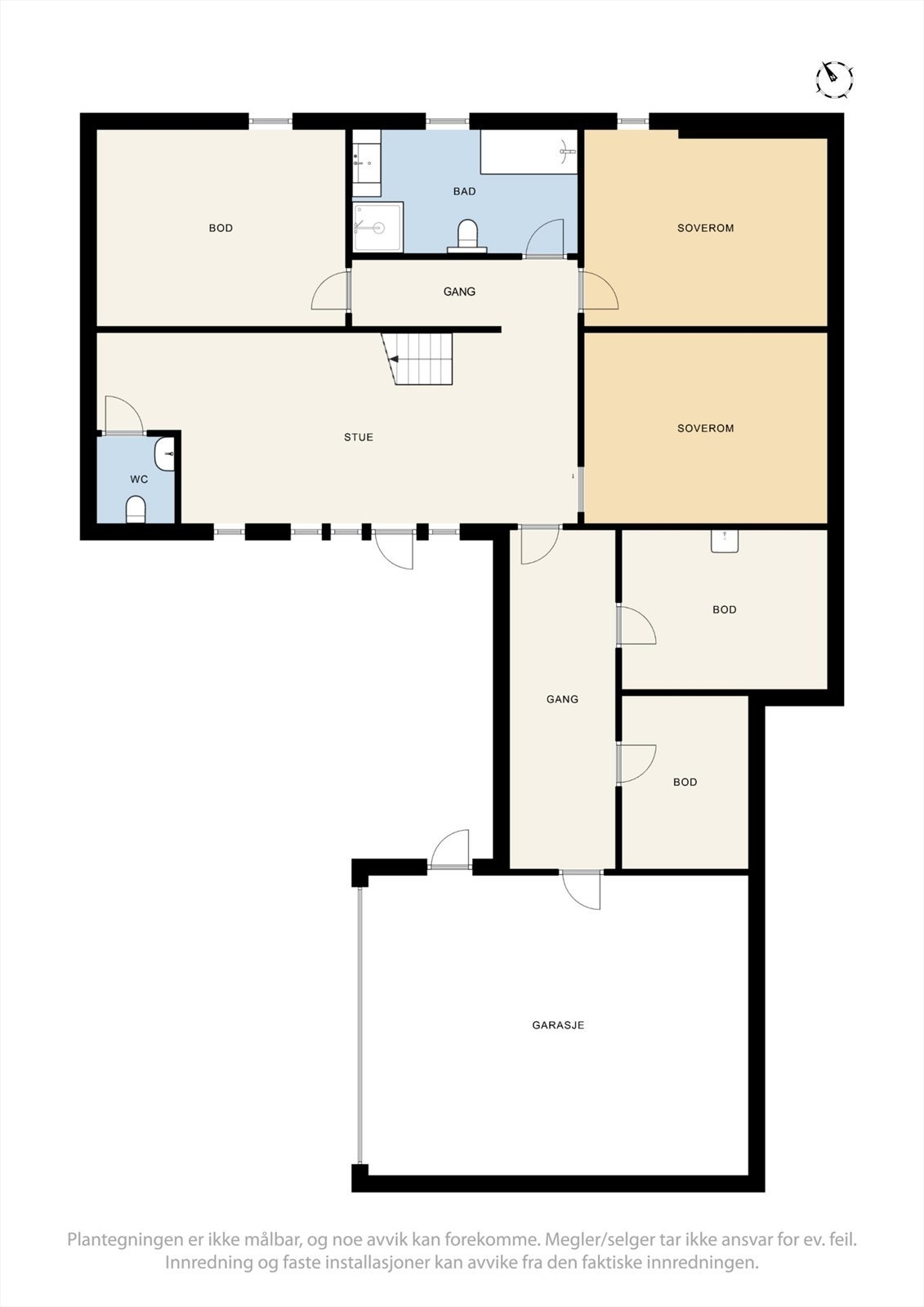 Første etasje rommer blant annet flere soverom, bad, garasje og teknisk rom. Galleribilde