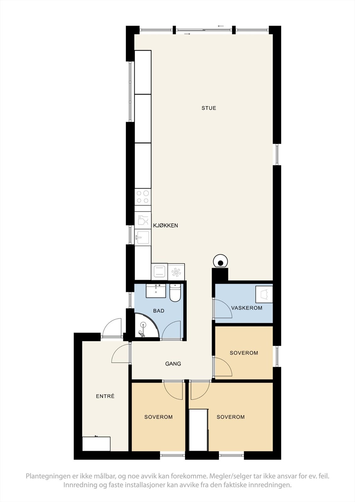 Hytten har en arealeffektiv planløsning med 3 soverom og en åpen stue- og kjøkkenløsning. Galleribilde