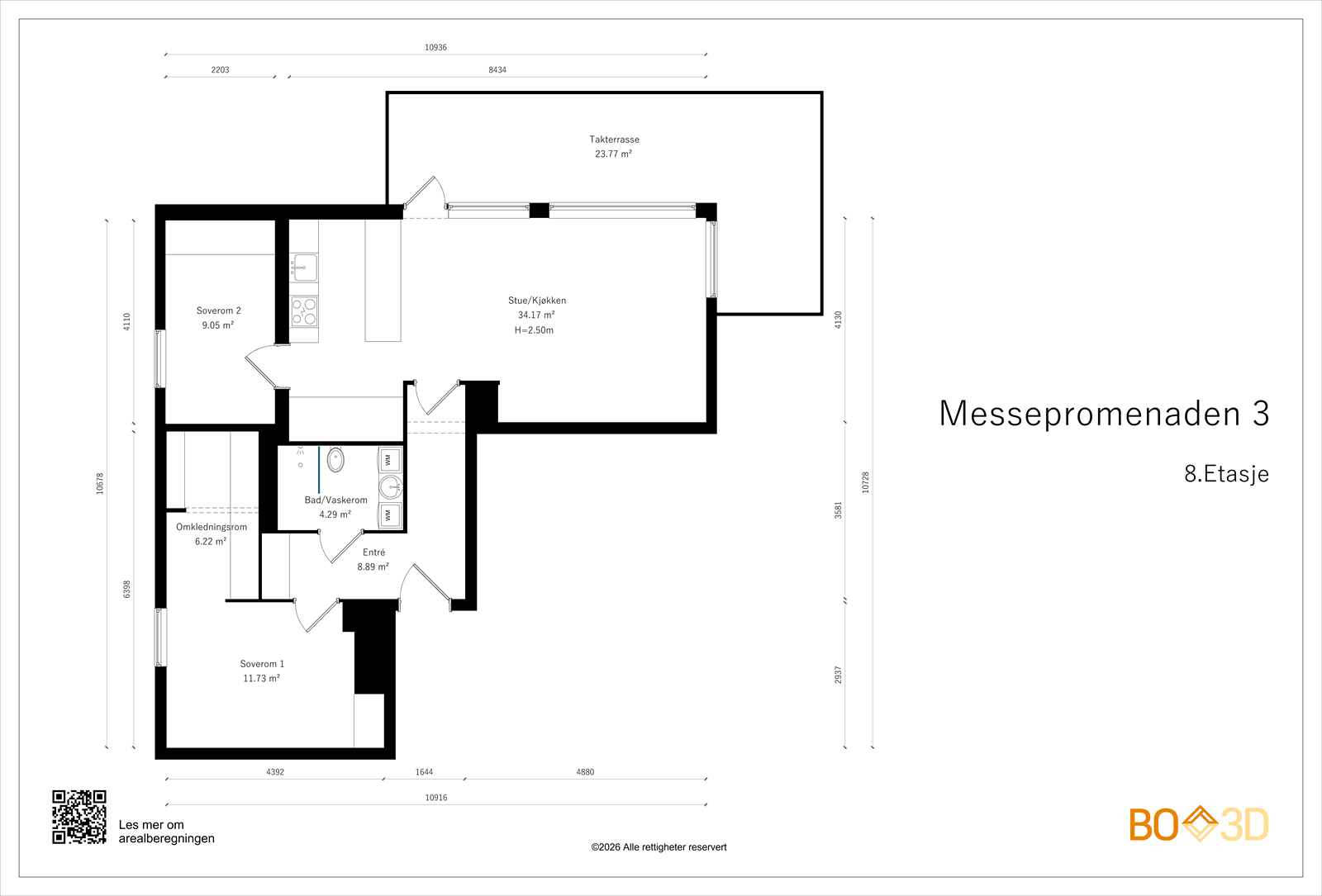 Plantegning.
Gjennomgående endeleilighet i 8. etg. med stor hjørneterrasse. Galleribilde