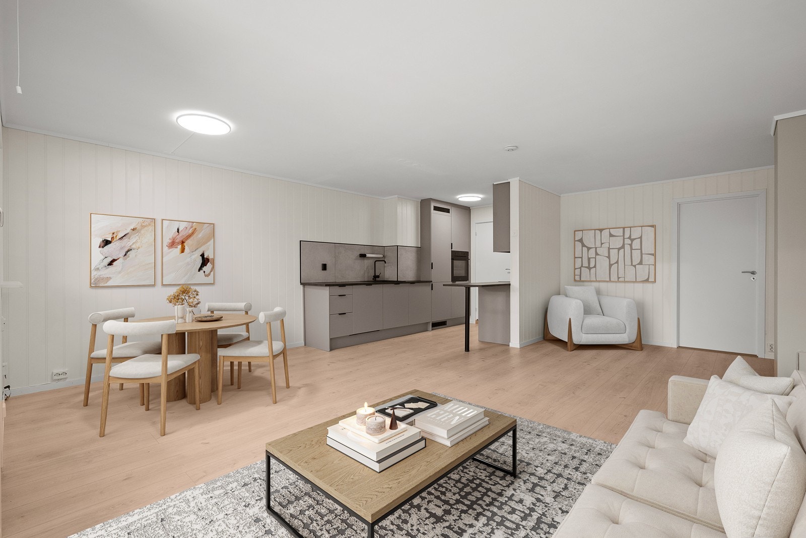 Fin og praktisk åpen stue/kjøkkenløsning med ny innredning fra Systemkjøkken. Galleribilde