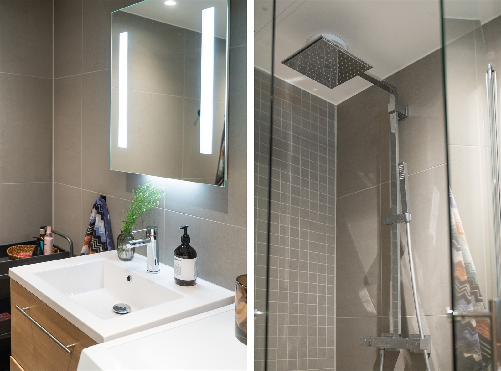 Det er opplegg for vaskemaskin/tørketrommel, og rommet er tilkoblet leilighetens ventilasjonsanlegg. Flislagte vegger, flislagt gulv med varmekabler og malt himling. Galleribilde