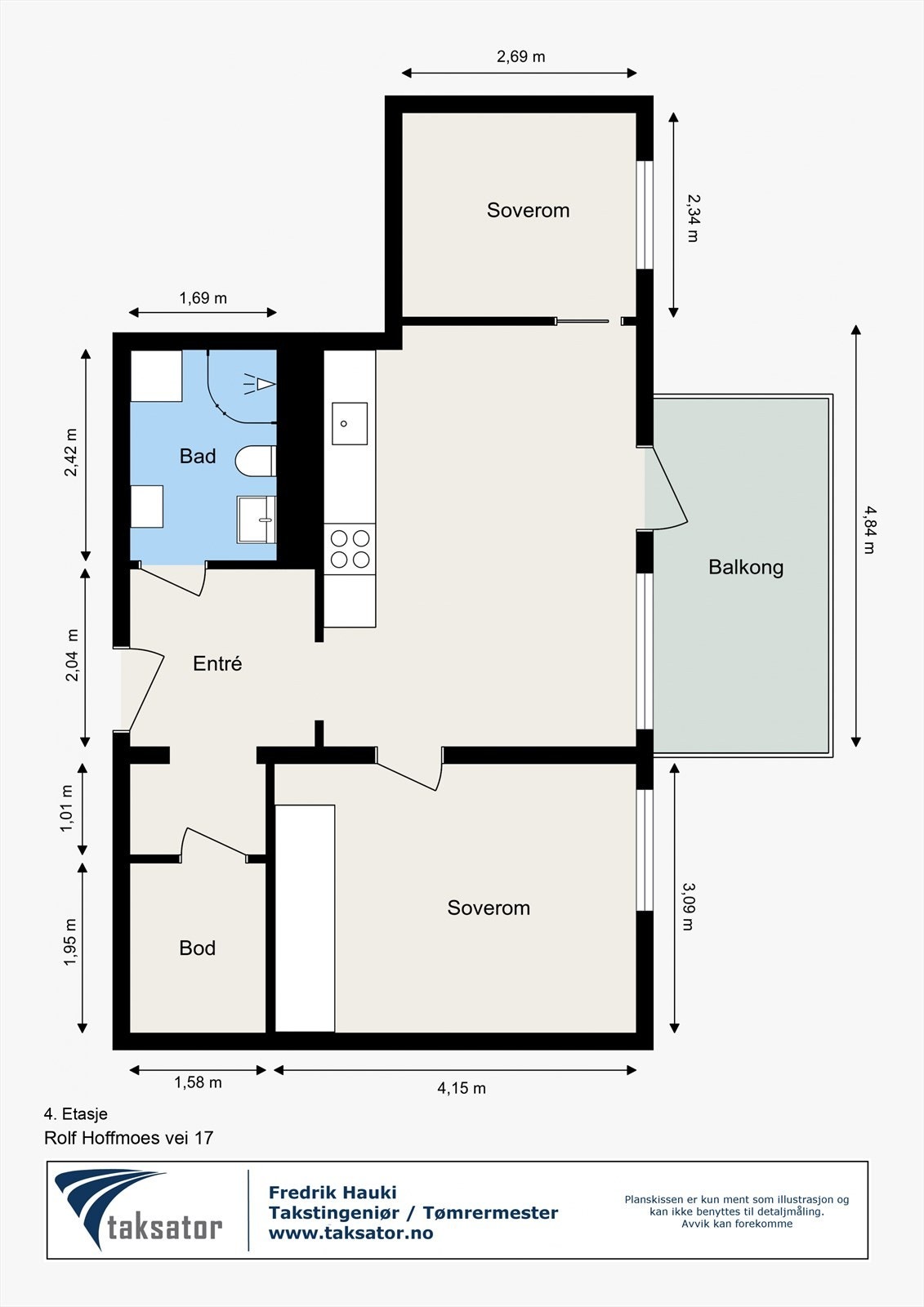 Leiligheten har en arealeffektiv planløsning med to soverom, åpen stue- og kjøkkenløsning og en praktisk innvendig bod. Galleribilde