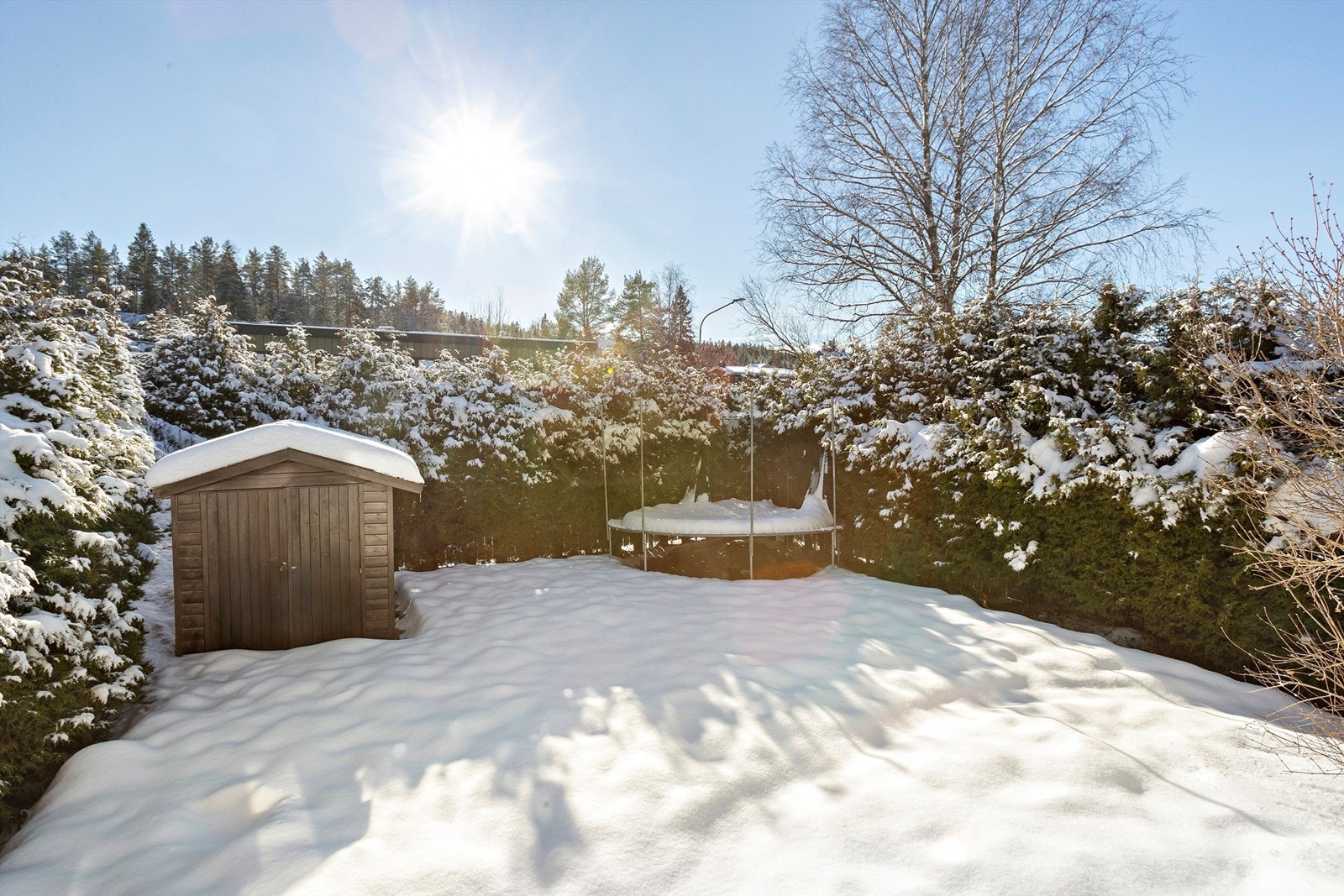 Fra terrassen er det adkomst til skjermet hage med gressplen og utebod for lagring Galleribilde