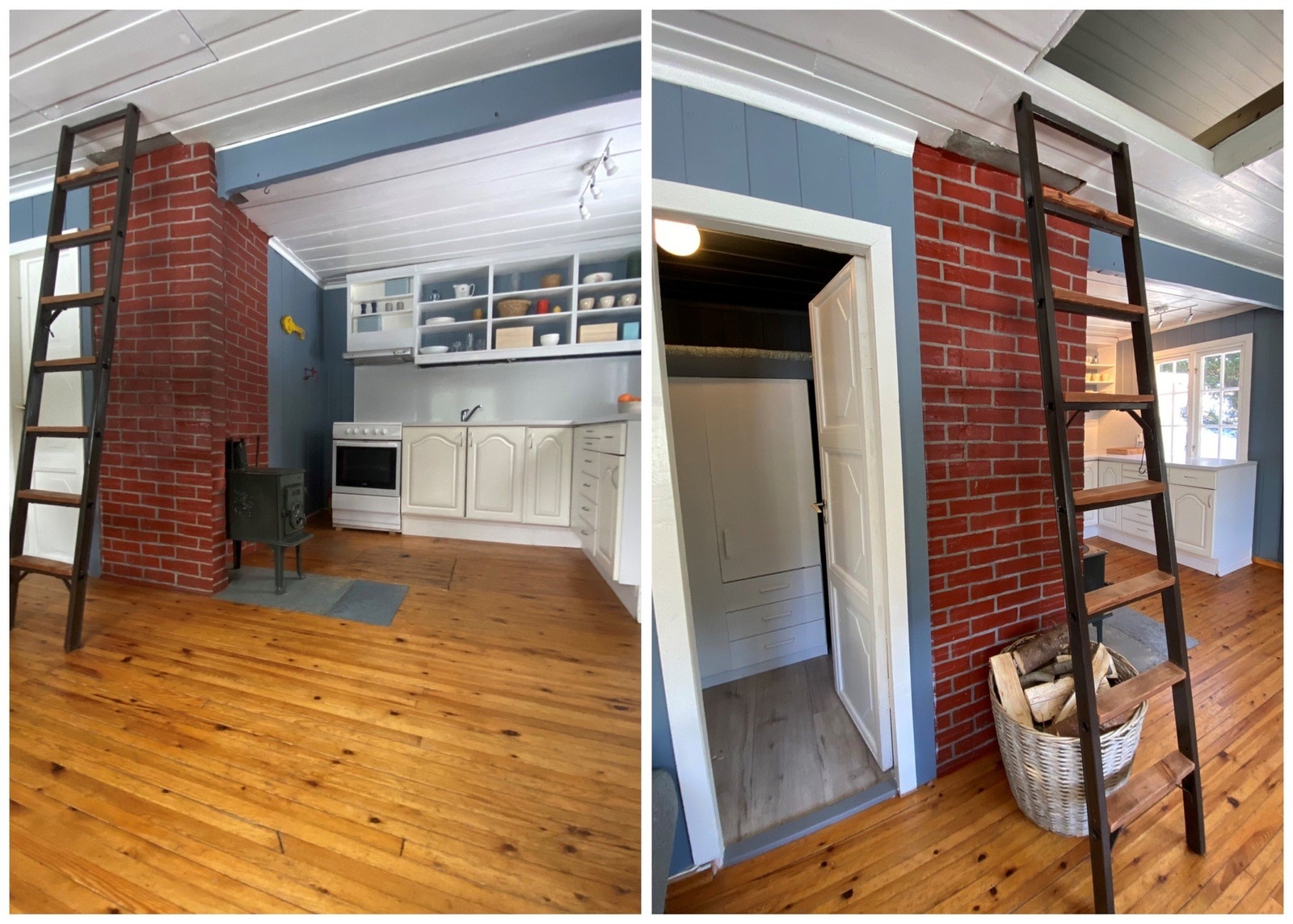 Praktiske åpne hyller. Hvitevarer som komfyr og kjøl-/fryseskap medfølger som resten av inventaret i hytta. Galleribilde