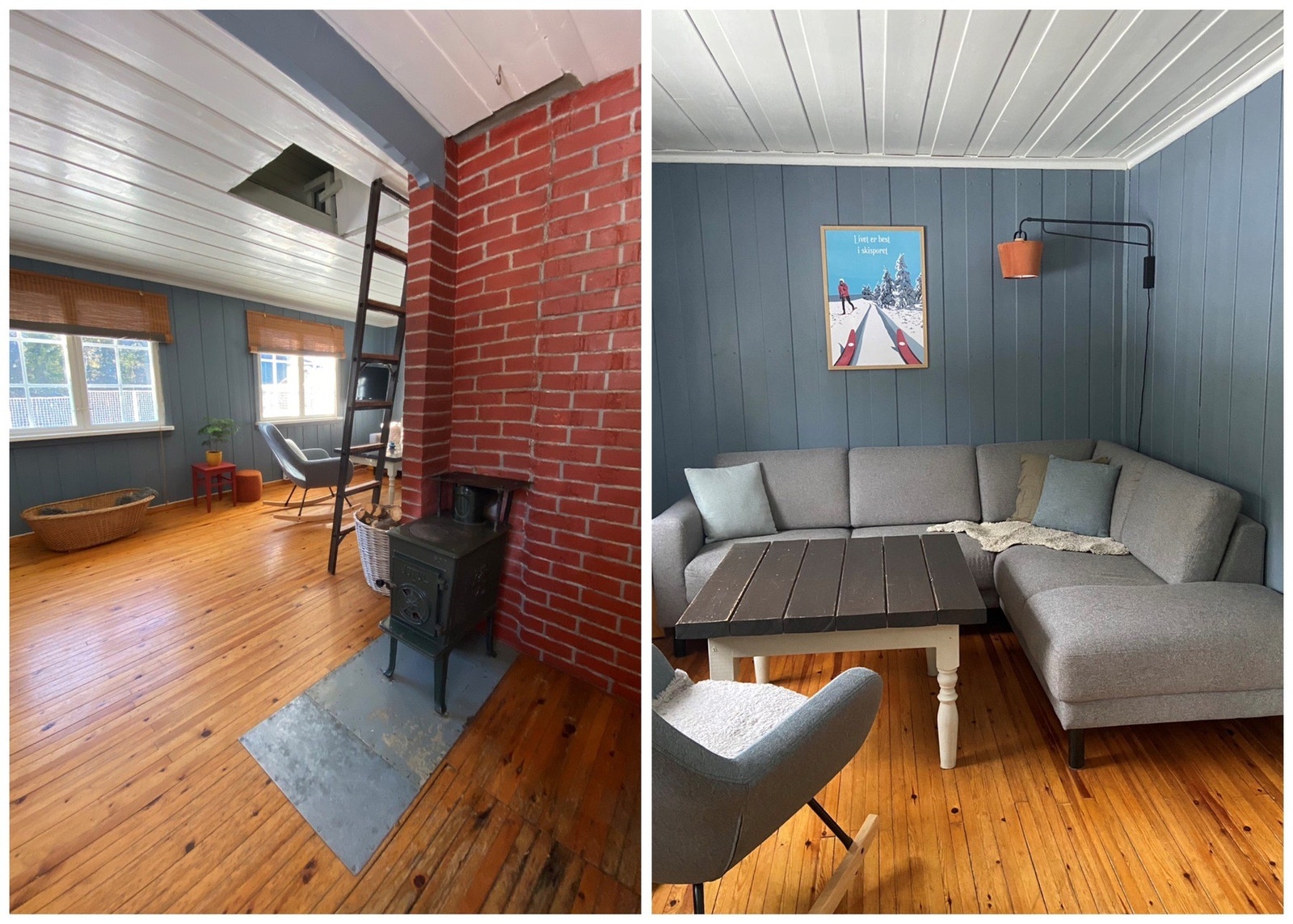 Stuen har plass til både salong og spisestue. Her det det store vinduer som slipper inn sola og den fine utsikten. Galleribilde