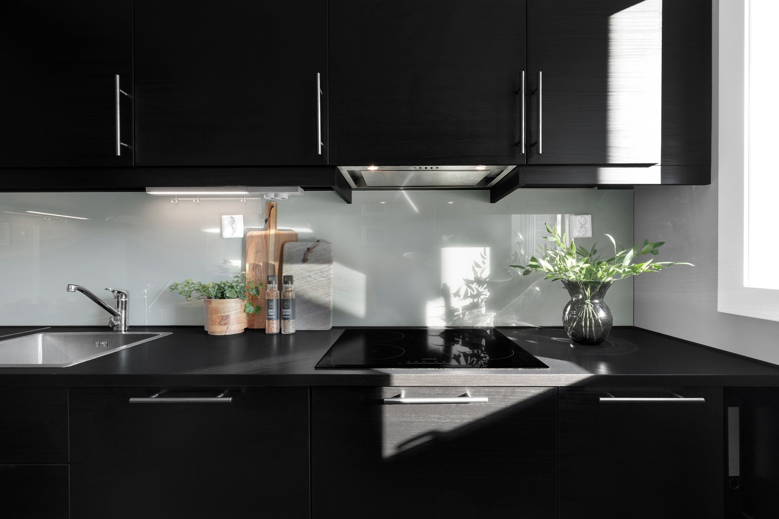 Det delikate kjøkkenet er utstyrt med glatte fronter og benkeplate av laminat. Galleribilde