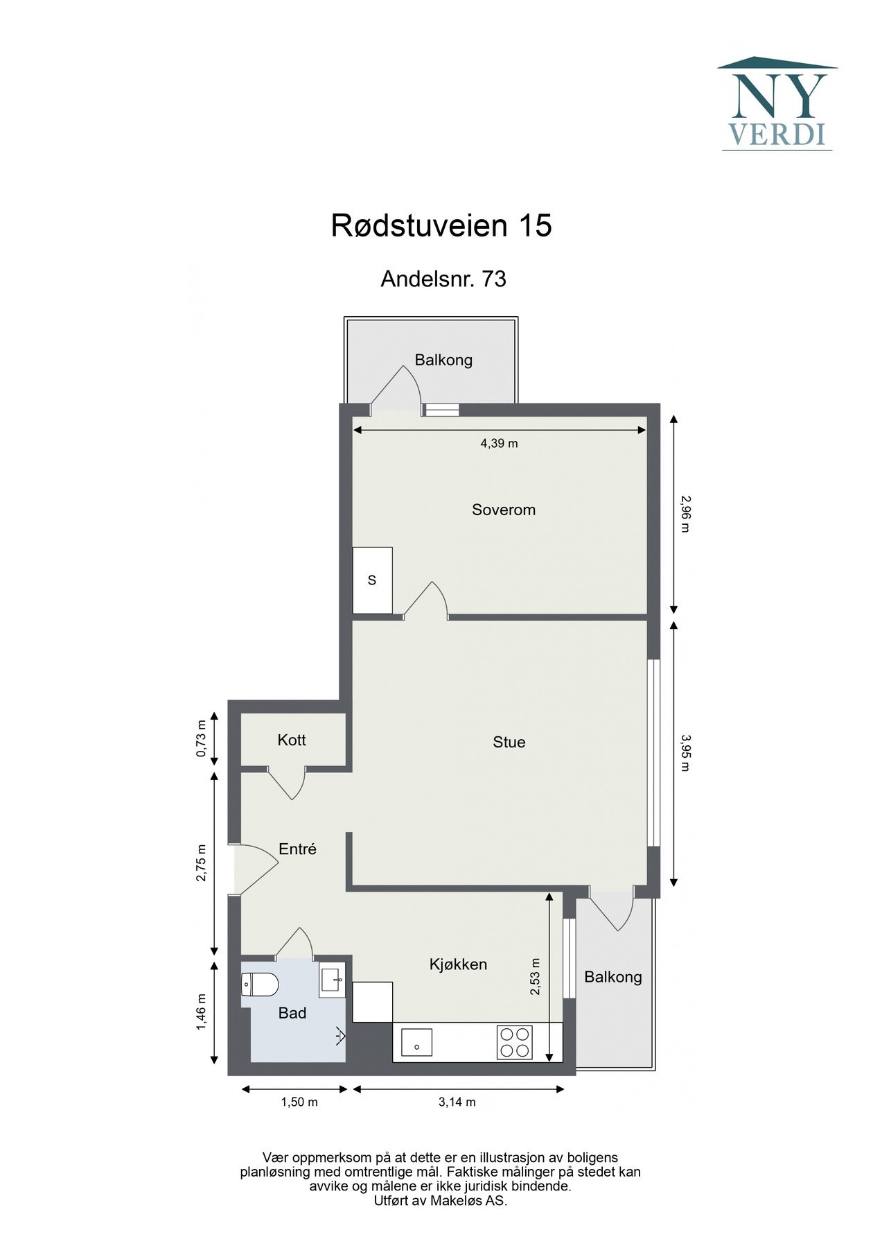 Plantegning. I tillegg disponerer leiligheten en kjellerbod på ca. 3,4 kvm. Galleribilde