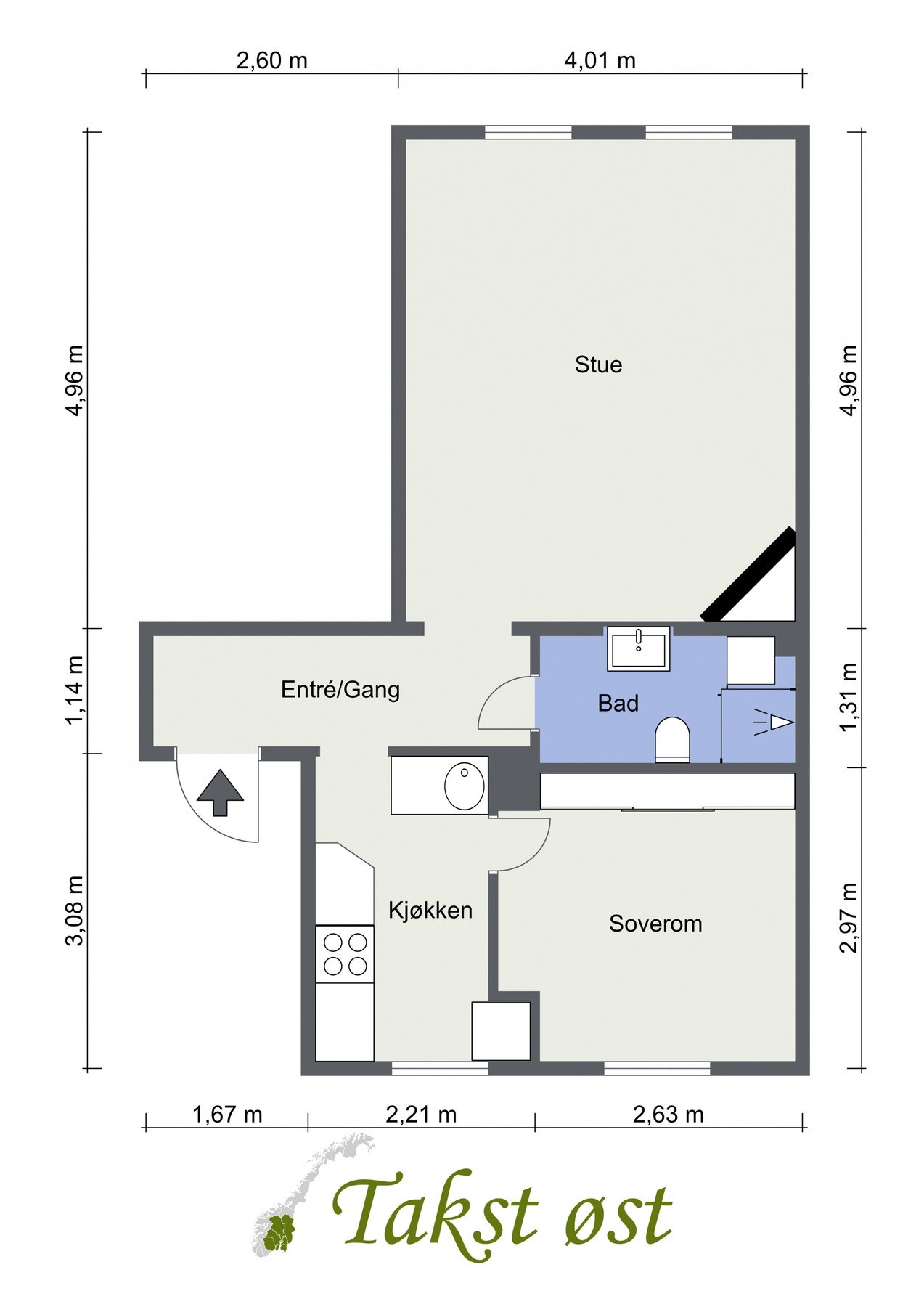 Plantegning. I tillegg disponerer leiligheten en kjellerbod på 4,3 kvm. Galleribilde