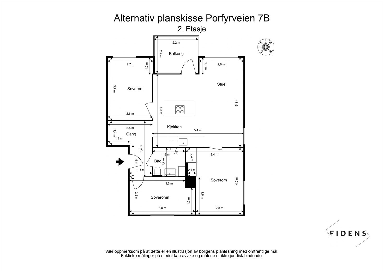 Alternativ plantegning med soverom nr. 3:
Plantegningen er utarbeidet som en illustrasjon. Det er ikke vurdert om løsningen lar seg gjennomføre teknisk eller i henhold til gjeldene regelverk, og endringer kan derfor vise seg å ikke være mulige. Galleribilde