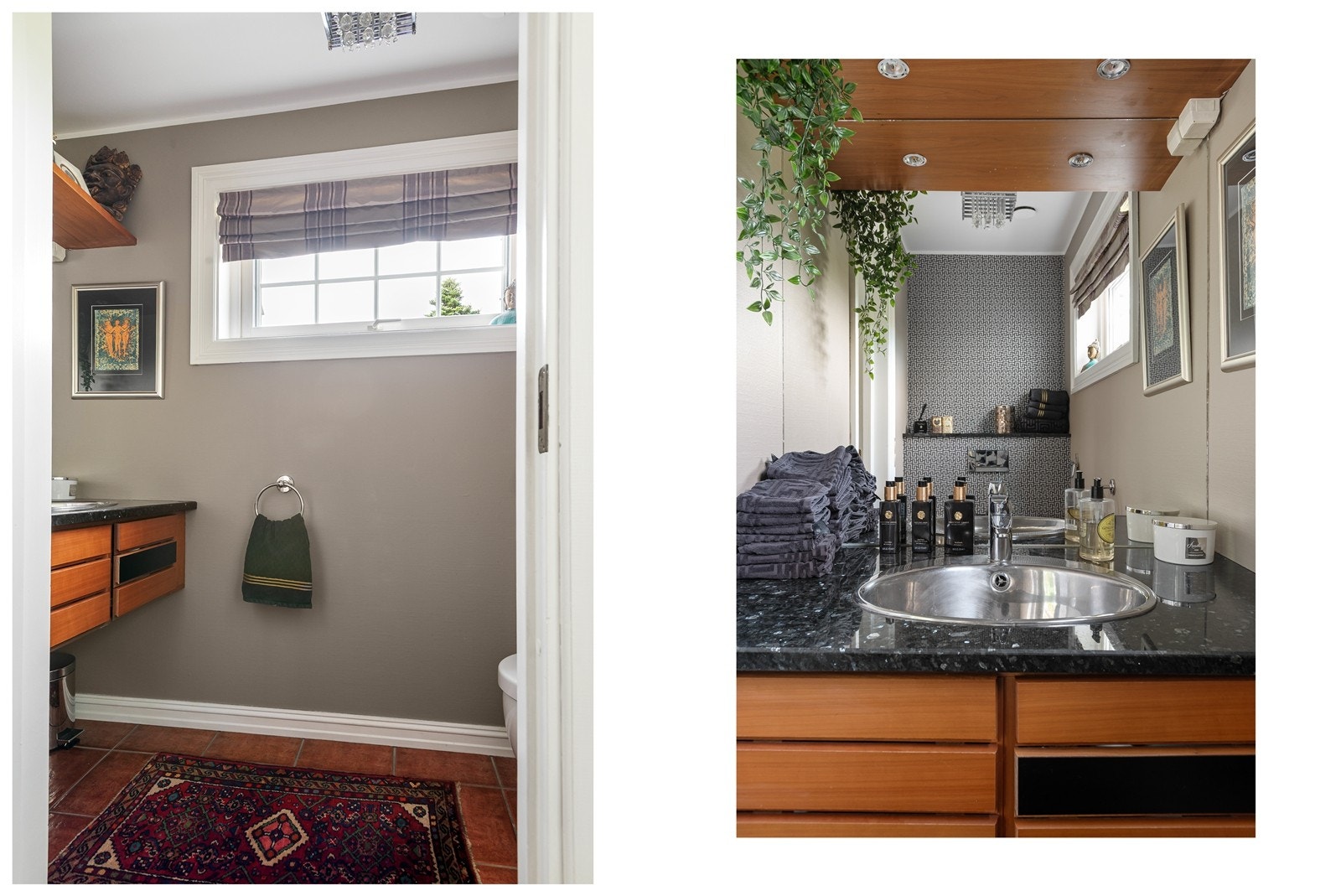 Toalettet ligger i praktisk tilknytning til entréen/hallen og har gulvfliser med gulvarme. Vegghengt innredning fra Multiform med benkeplate av mørk stein Galleribilde