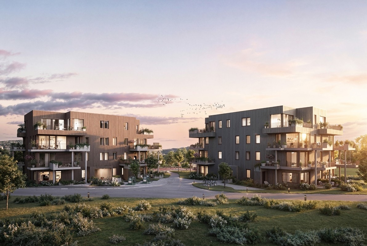 Boligprosjektet Hinnavågen (illustrasjonsbilde tatt fra utbygger). Nydelig arkitektur og fantastiske uteområder vil bli din nærmeste nabo Galleribilde