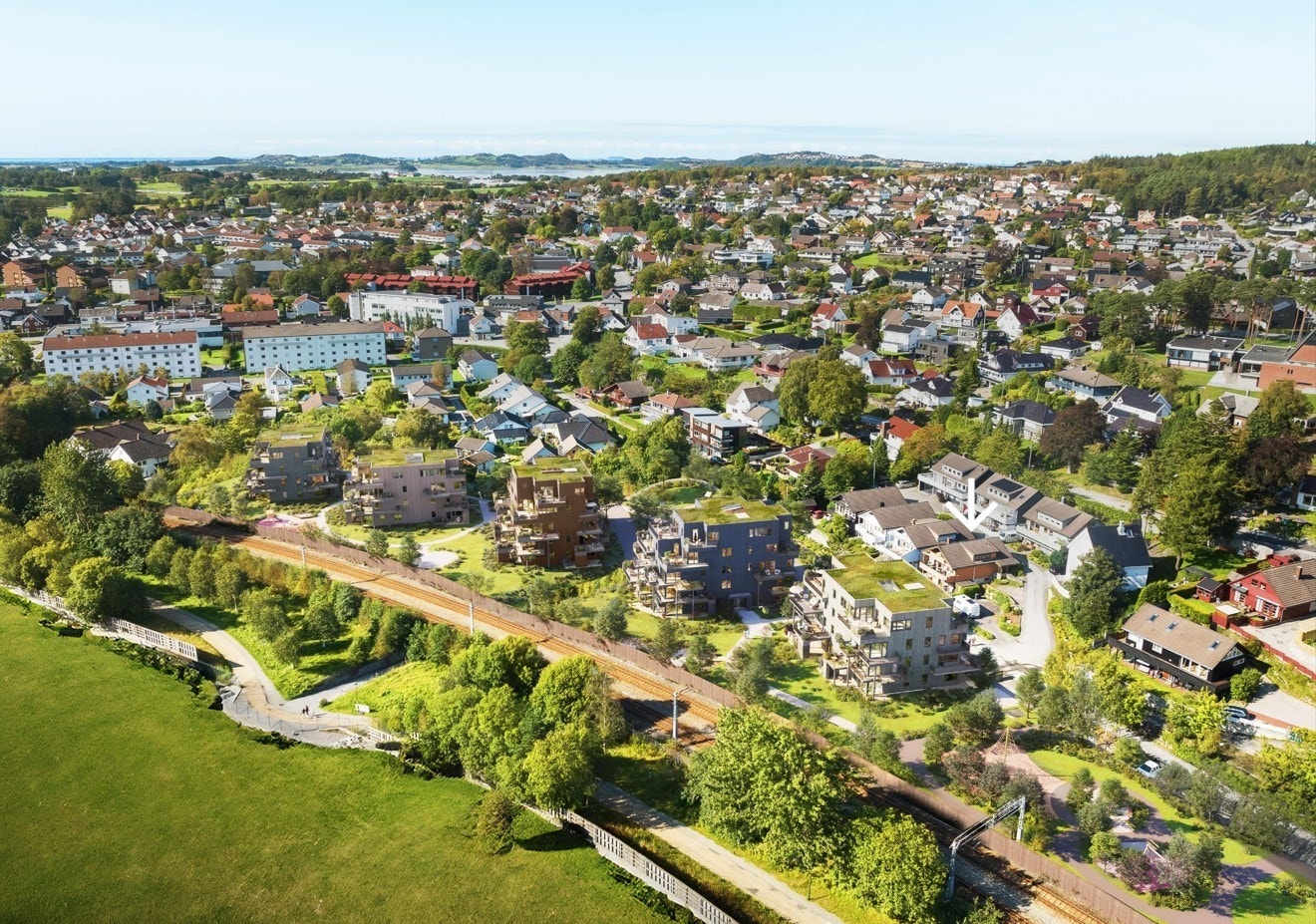 Boligprosjektet Hinnavågen (illustrasjon tatt fra utbygger). Her kan man se hvor eneboligen ligger ifht blokkene. Boligen vil fremdeles ha gode solforhold. Dette vil virkelig gi nabolaget et godt løft! Galleribilde