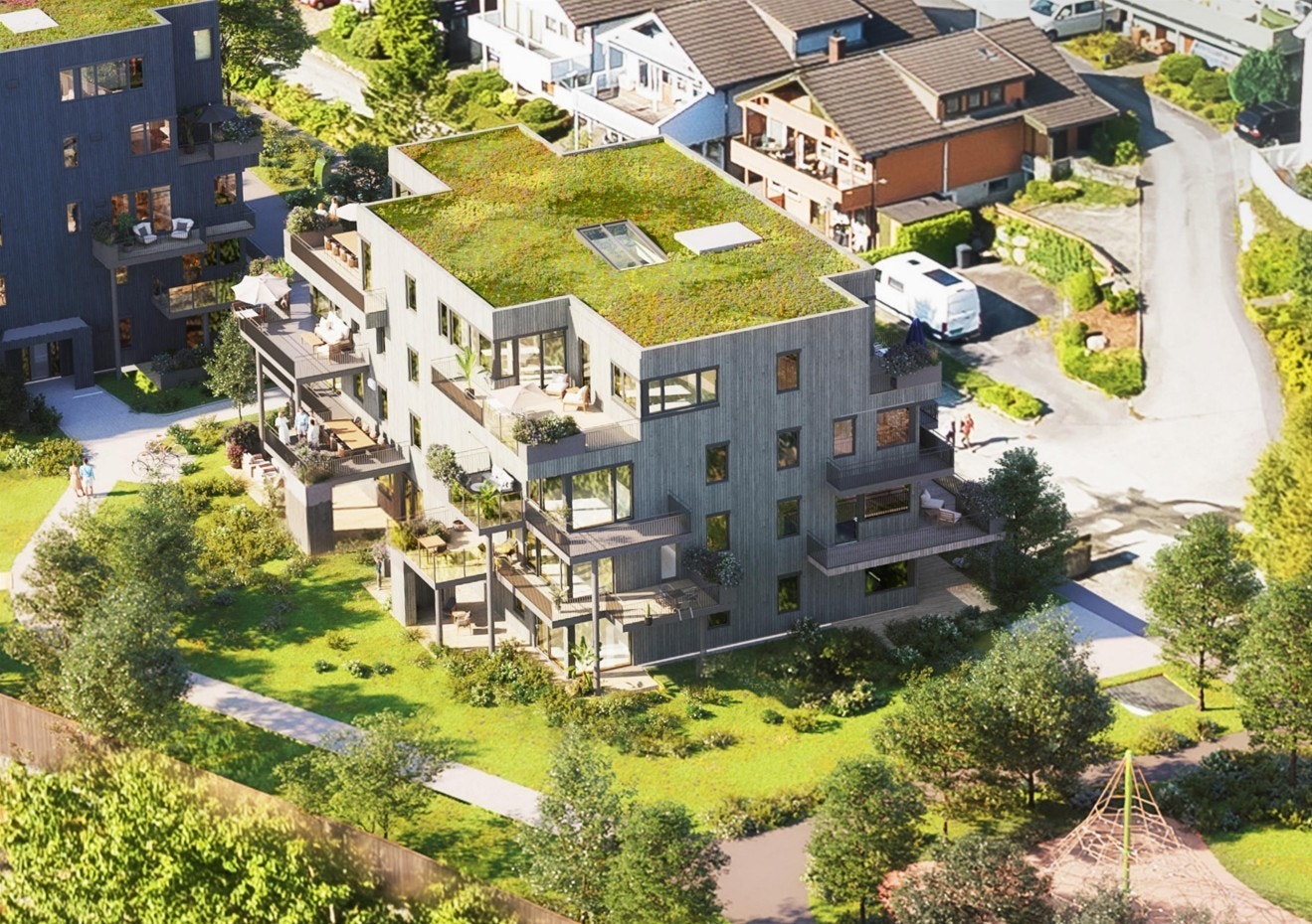 Boligprosjektet Hinnavågen (illustrasjon tatt fra utbygger). Her kan man se hvor eneboligen ligger ifht blokkene. Boligen vil fremdeles ha gode solforhold Galleribilde