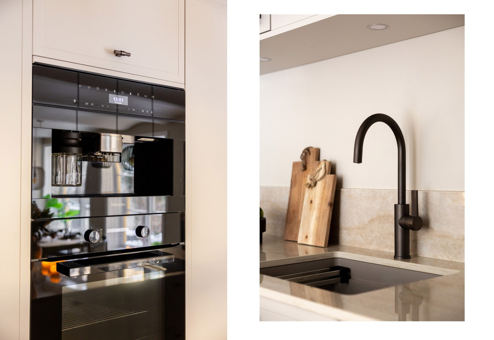 Kjøkkenet er utstyrt med innebygget stekeovn, kaffemaskin i høyskap og oppvaskmaskin. Galleribilde