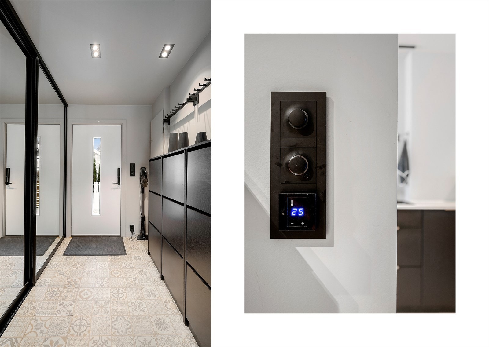 I entreen er det integrert skyvedørsgarderobe med speilfronter som skaper en fin orden i hverdagen. Galleribilde