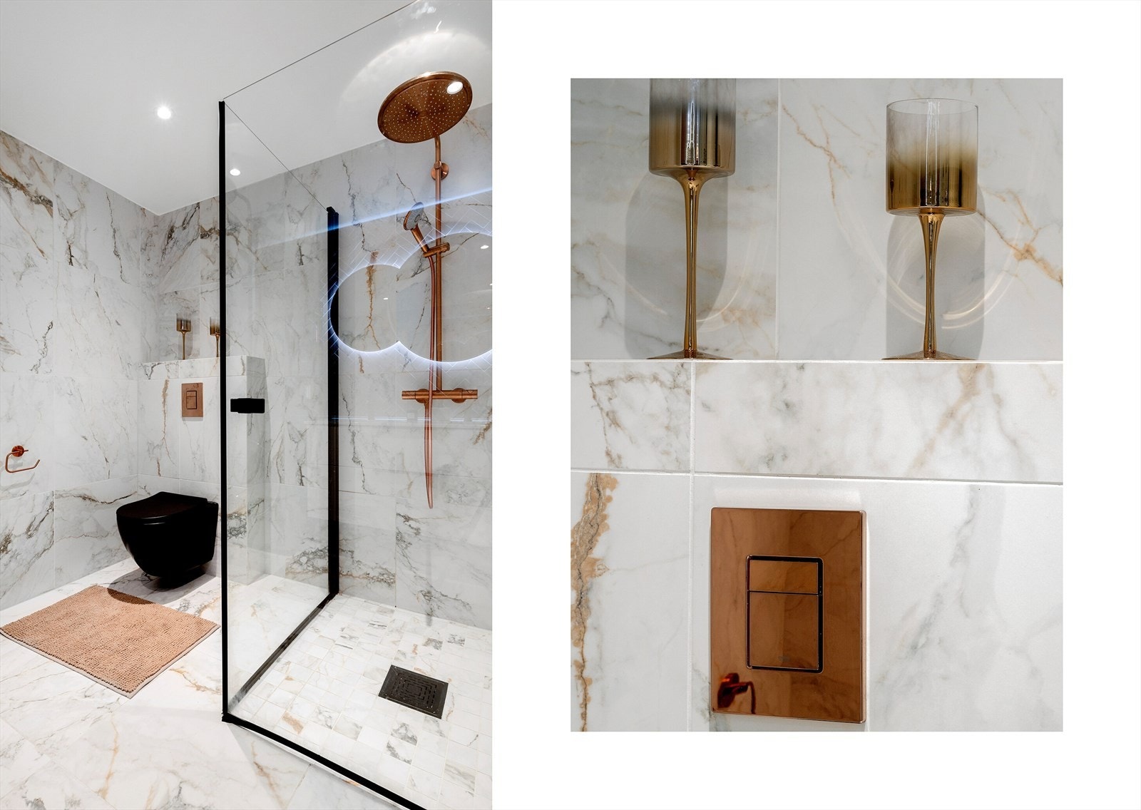 Lekre flisvalg som harmonerer nydelig med detaljene i sort, messing og hvitt. Galleribilde