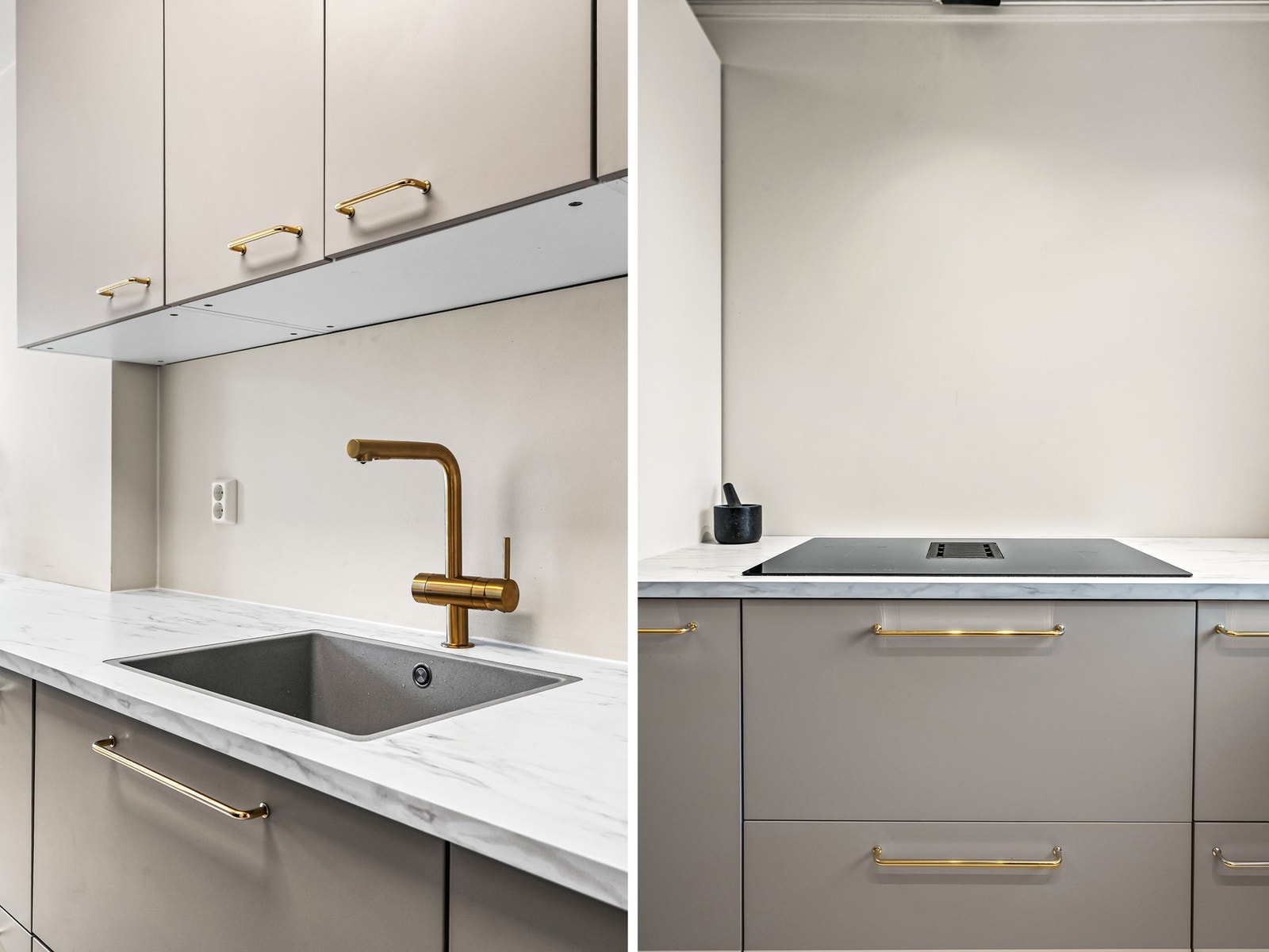 Kjøkkenet har laminat benkeplater, ventilator med kullfilter og kvartskompositt vask med 1 - greps blandebatteri. Galleribilde