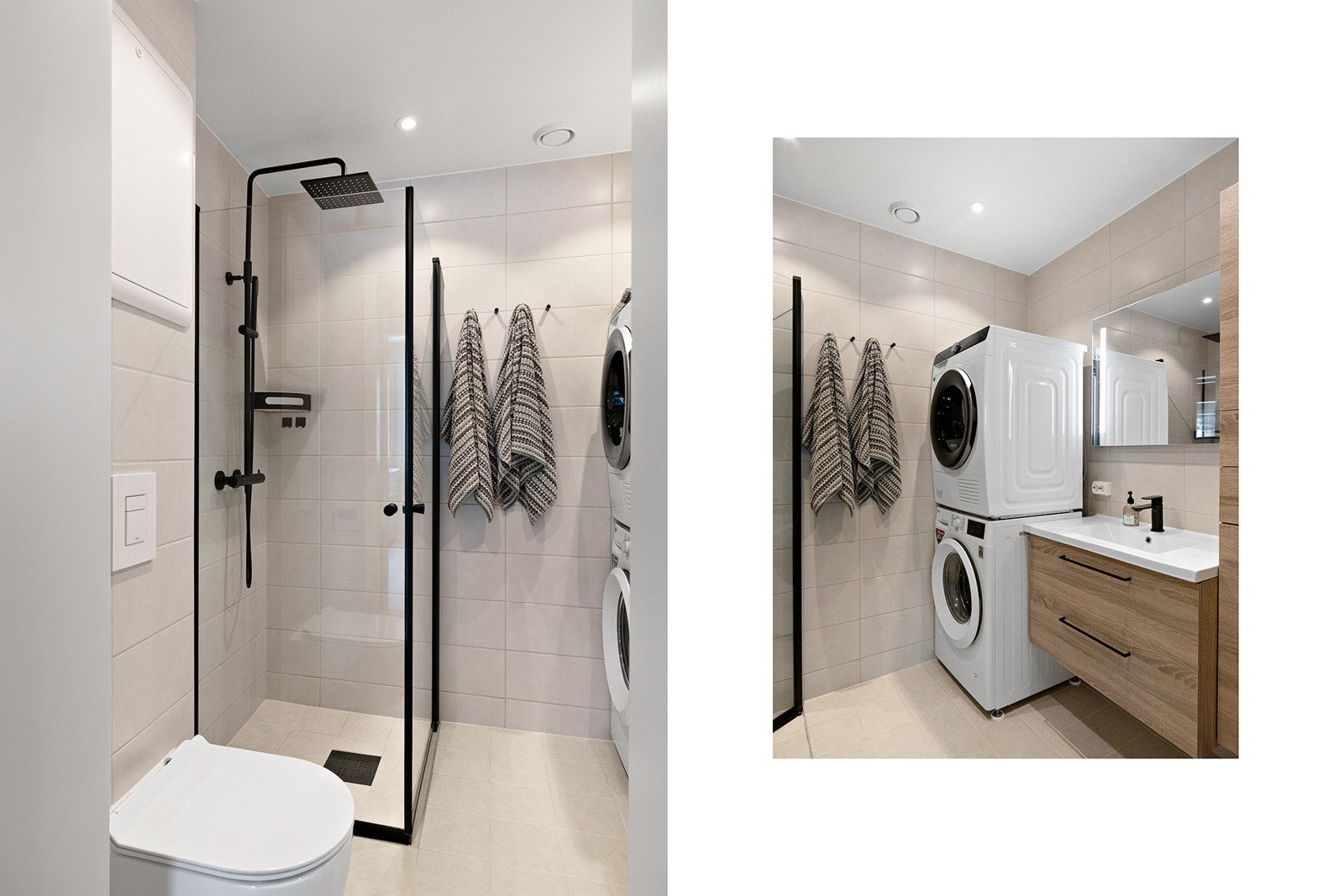 Badet består av inn- utadslående dusjvegger, servant m/underskap, speil m/lys, veggskap, veggklosett og opplegg for vaskemaskin. Plass til tørketrommel. Galleribilde