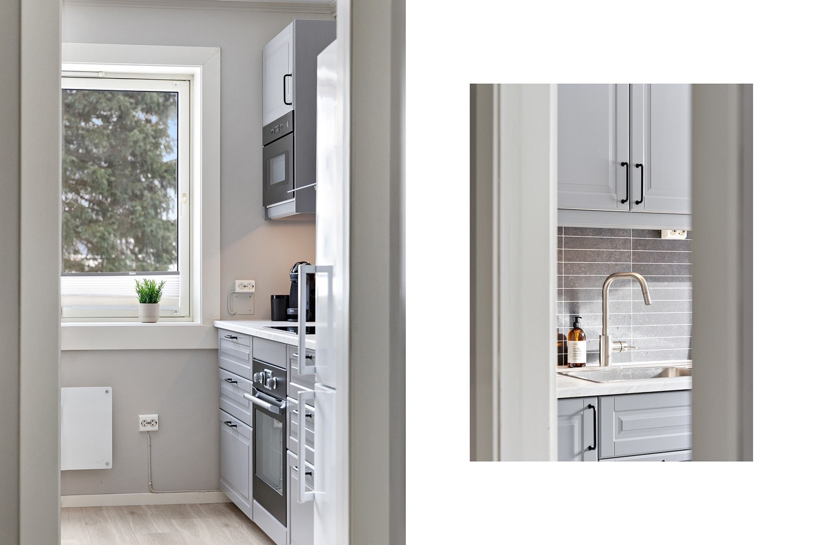 1-speils profilerte fabrikklakkerte fronter, laminat benkeplate, enkel oppvaskkum og ventilator. Galleribilde