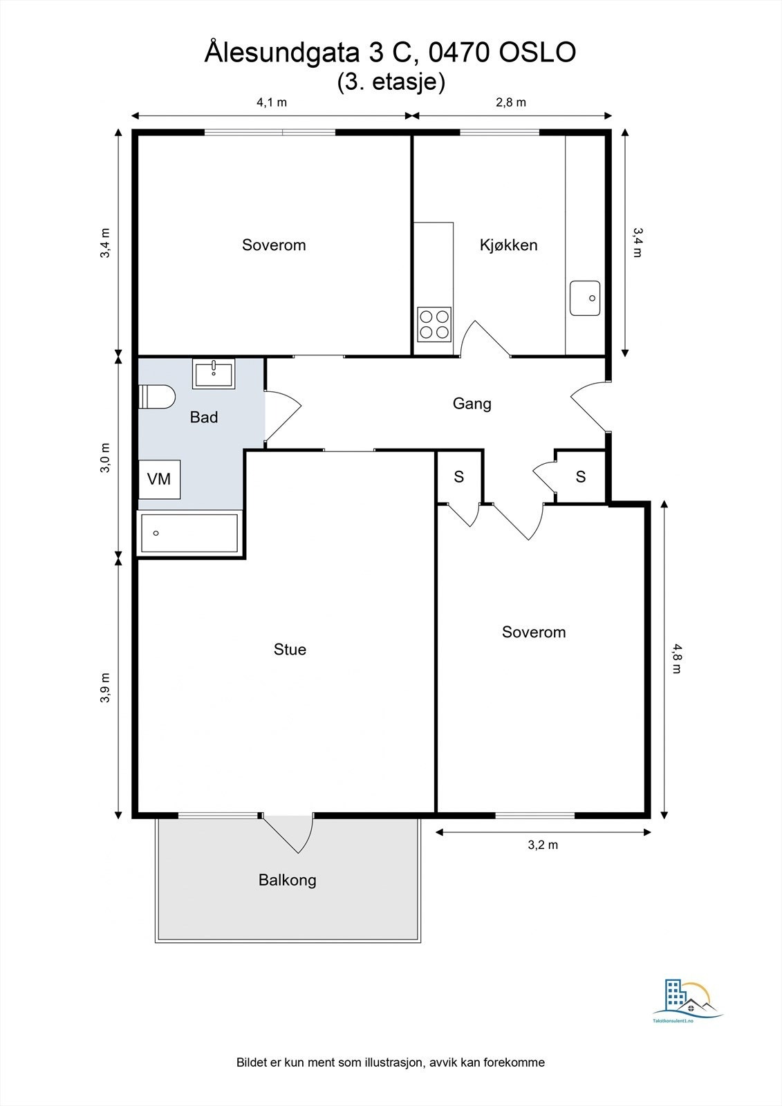 Leiligheten på 78 m² har en klassisk planløsning med to soverom, stue og separat kjøkken. Galleribilde