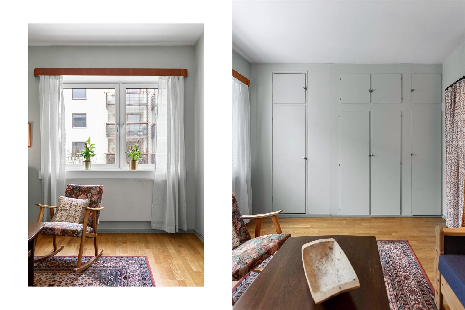 Rommet har god plass til seng med tilhørende nattbord, og langs veggen finner du praktiske, innebygde garderobeskap med gode oppbevaringsmuligheter. Galleribilde