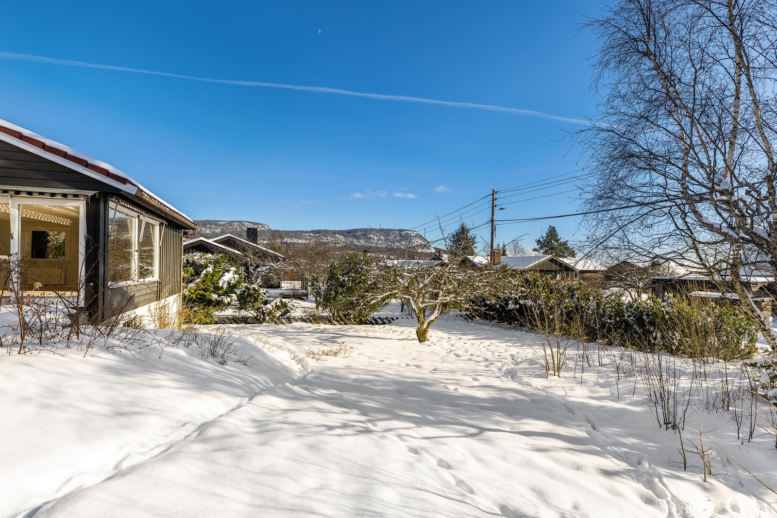 Hagen er pent anlagt med trær, plen, prydbusker og diverse beplantning. Her er god plass for lek og rekreasjon Galleribilde