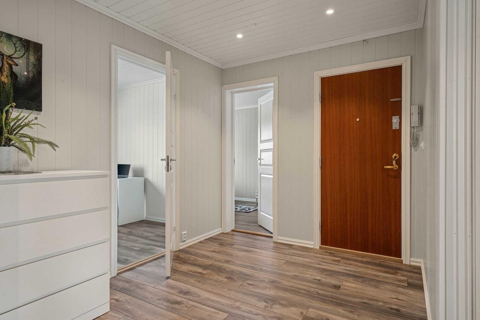 Lys og romslig entré. Utstrakt bruk av downlights i tak. Galleribilde