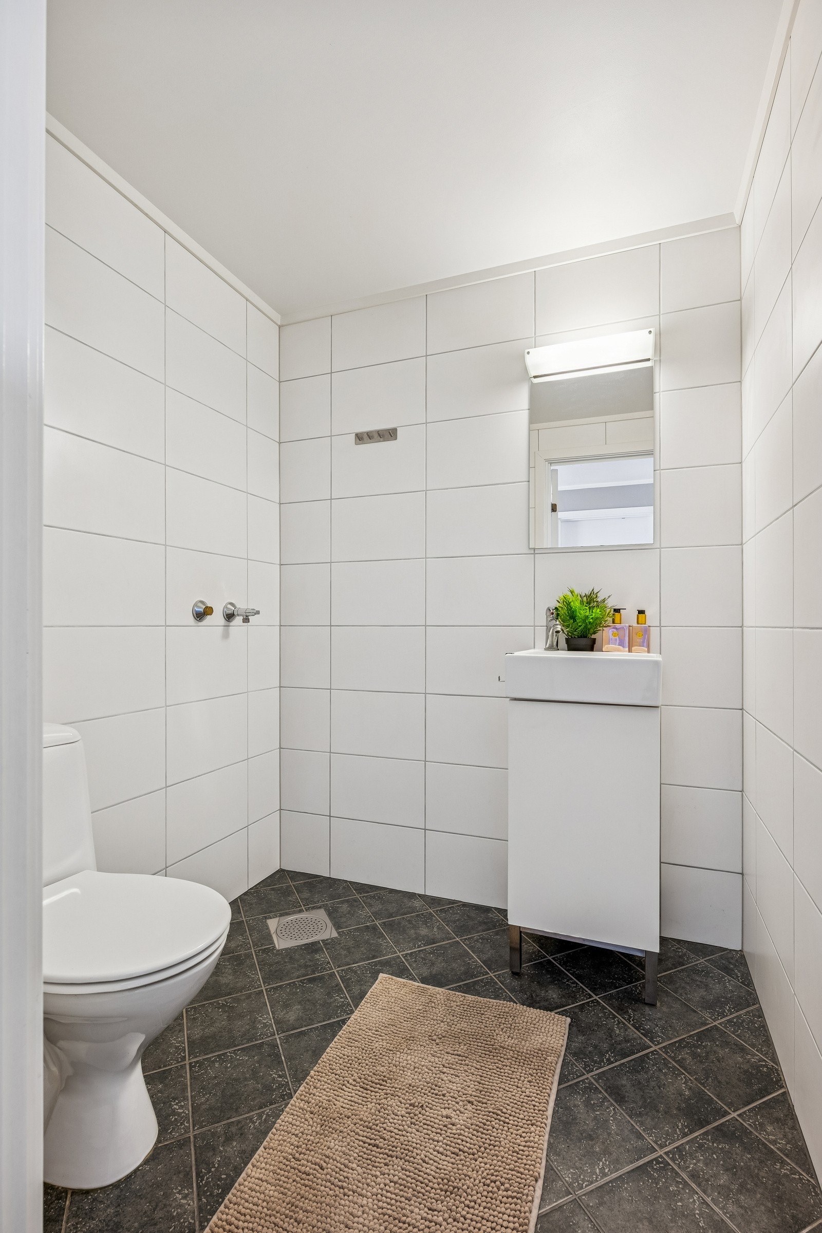 Bad i 1. etasje er fra 2013 og har oppsett til dusjkabinett. Galleribilde