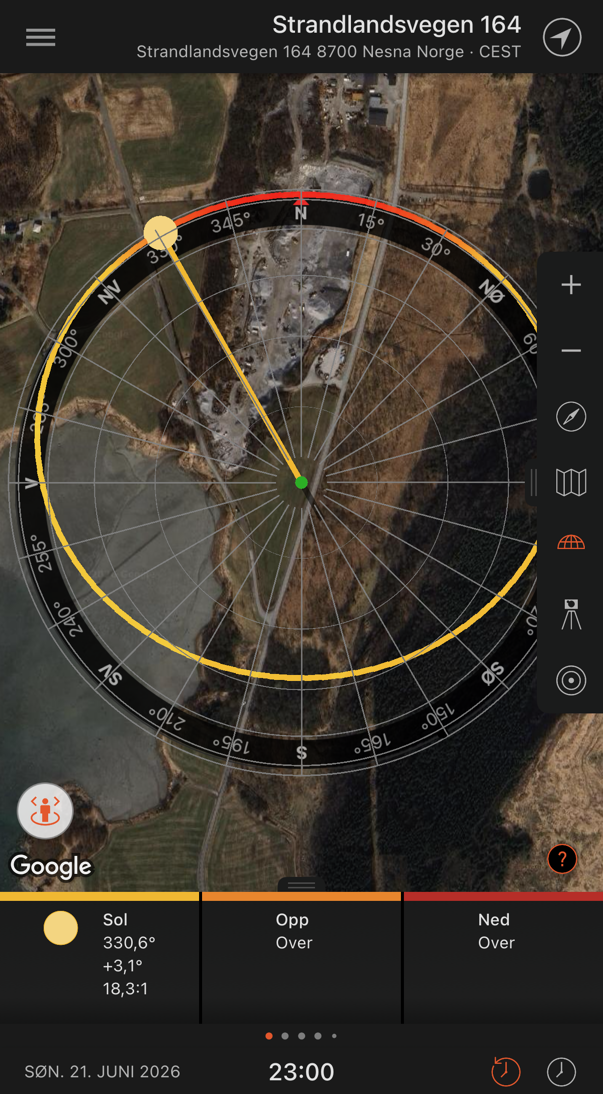 Solgang 21. Juni, kl 23:00(eiendommen er i all hovedsak sørvendt) Galleribilde