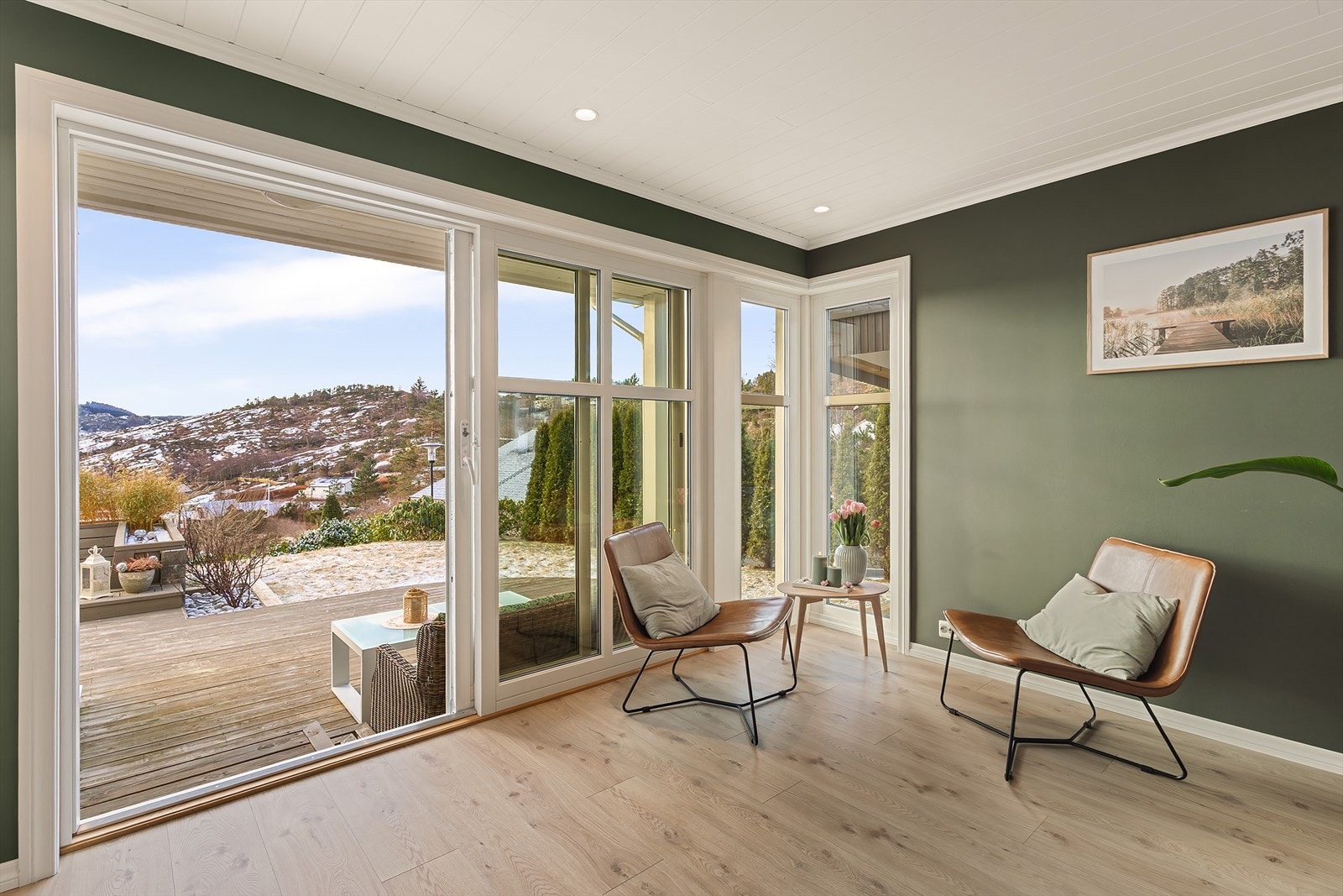 Fra stuen er det videre utgang til stor terrasse og hage med plen. Galleribilde