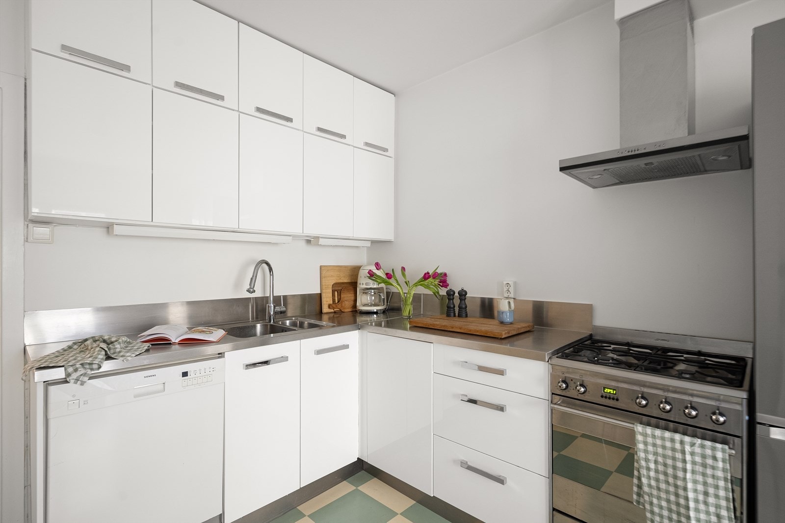 Kjøkkeninnredning med glatte fronter og benkeplate i rustfritt stål med vaskekum. Det er kullfilterventilator over kokeplass, god lagringsplass i skuffer og skap, samt frittstående hvitevarer. Galleribilde