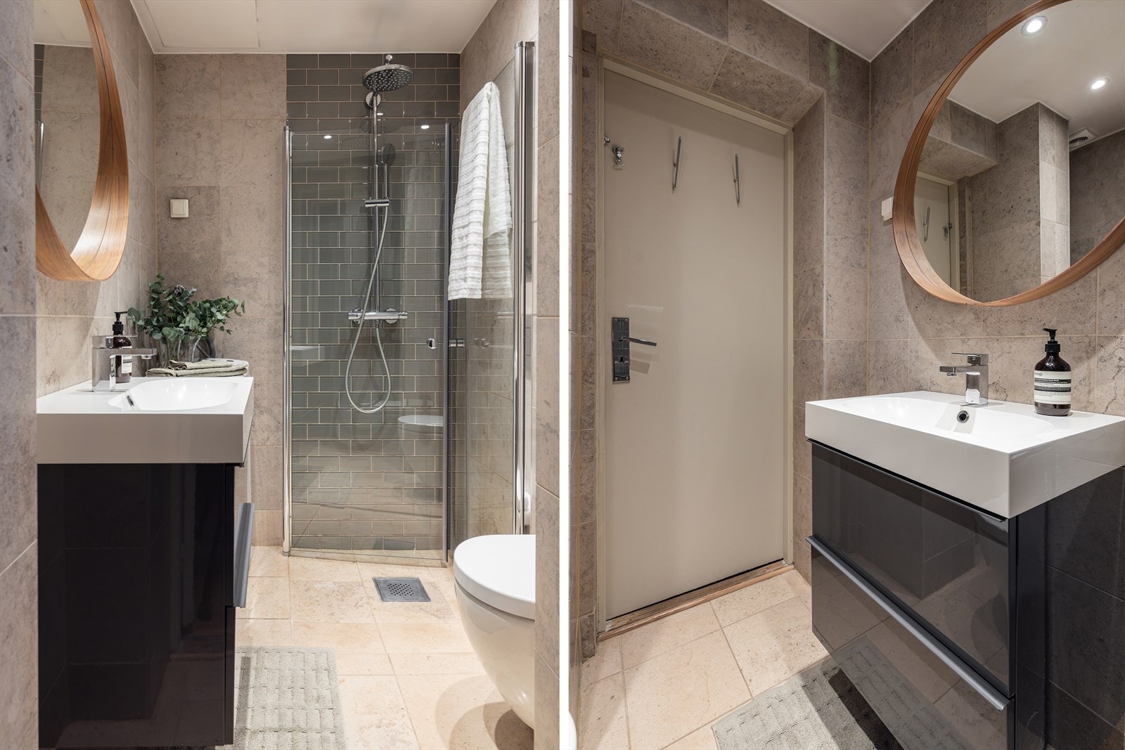 Innredningen omfatter servantseksjon med skuffeoppbevaring. Over servanten er det montert rundt speil. Dusjsonen er etablert i nedsenket dusjnisje med glassdører og veggmontert blandebatteri. Videre er det vegghengt toalett og opplegg for vaskemaskin Galleribilde