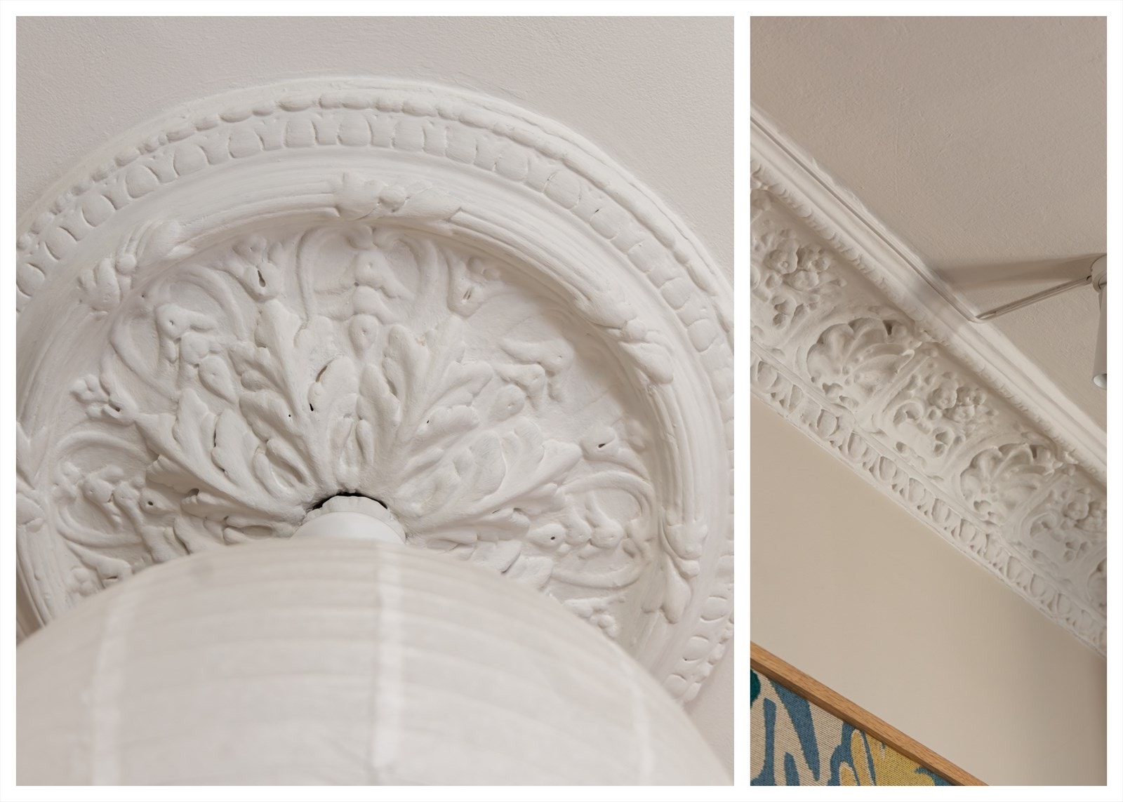 Elegante detaljer som stukatur og rosett i taket tilfører boligen karakter og et klassisk uttrykk Galleribilde