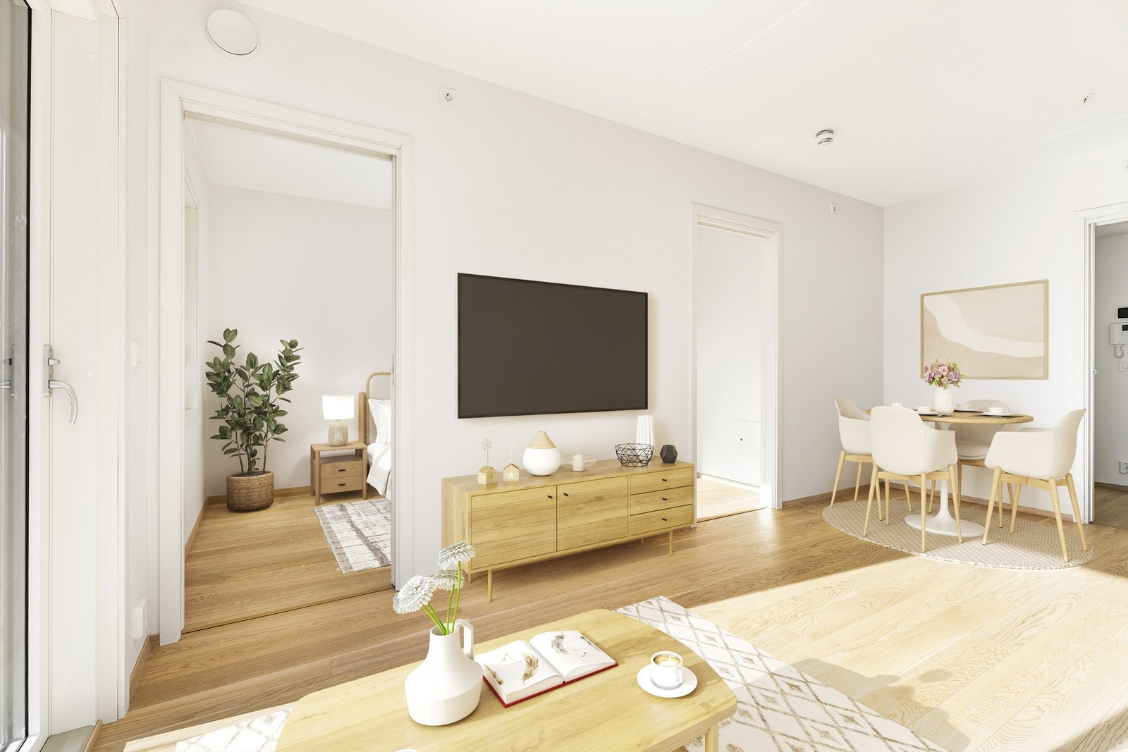 Soverommet er tilgjengelig rett fra stuen. Plassbesparende skyvedører gir tilgang til hver sin side av en eventuell dobbeltseng. Bildet er digitalt stylet. Galleribilde