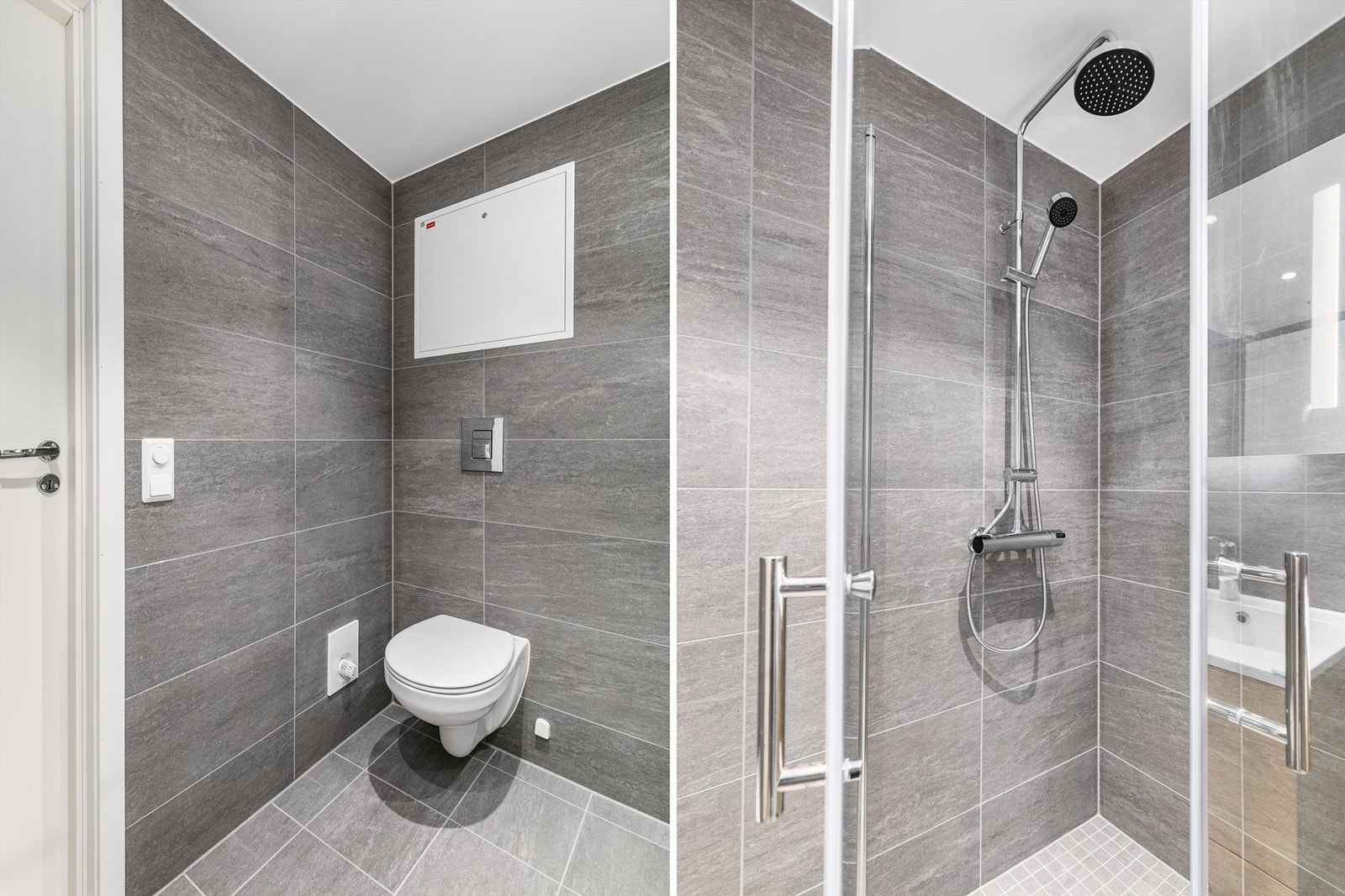 Rettvinklede dusjdører gir maksimal plass i dusjsonen. Utenom bruk kan dørene svinges inn for å maksimere den tilgjengelige gulvflaten i rommet. Galleribilde