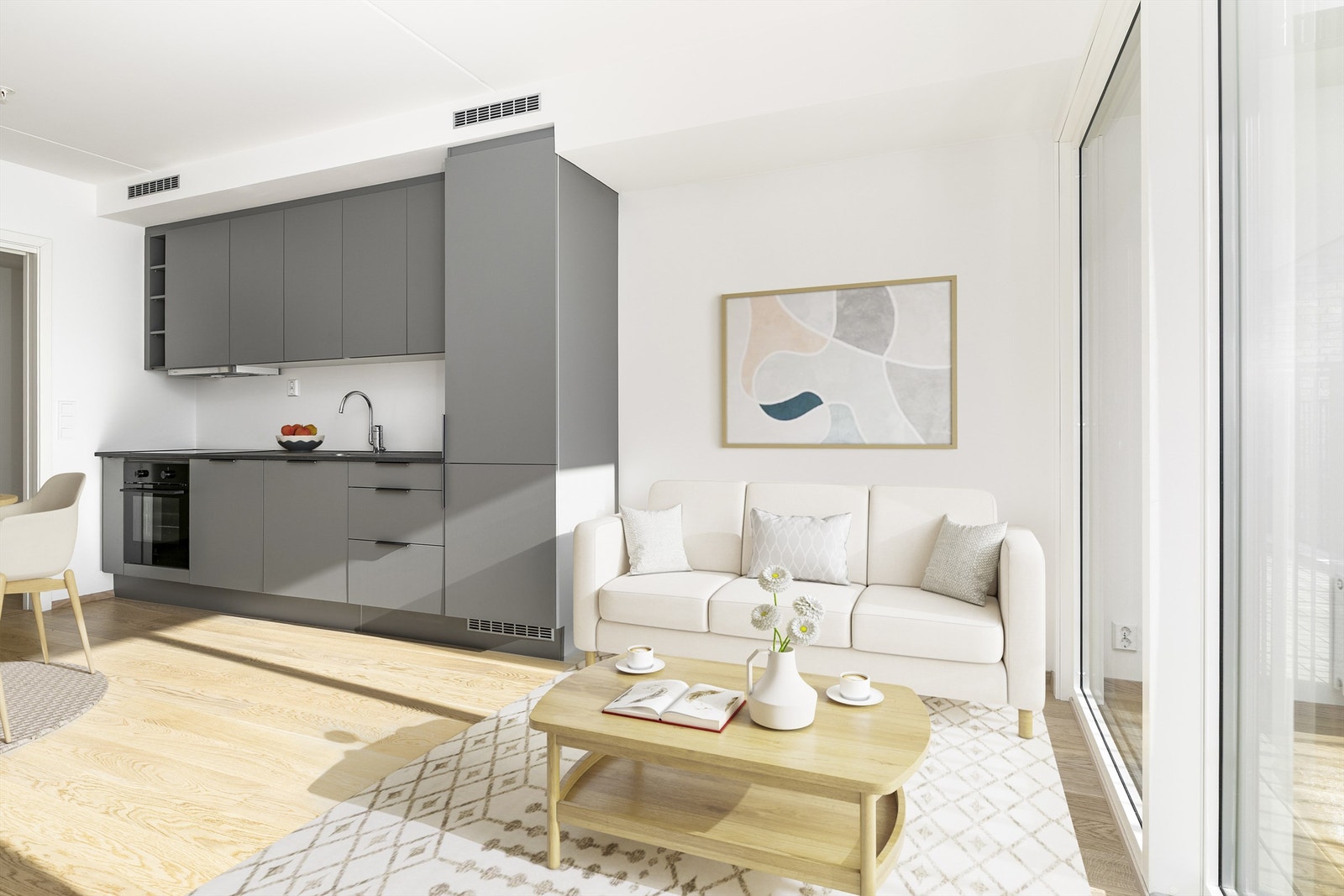 Velkommen til Sentrumshagene, sentralt i Ås. Leiligheten presenteres av Krogsveen. Bildet er digitalt stylet. Fotograf; Børge Oppegård. Galleribilde