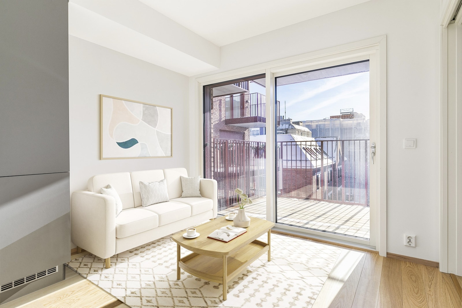 Høyden av fjerde etasje innebærer gode sol- og lysforhold også innendørs. Utvendig screen er montert på skyve-/hevedøren. Bildet er digitalt stylet. Galleribilde