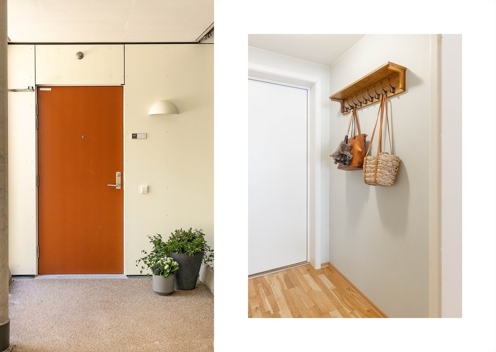 Førsteinntrykket er lyst og innbydende. Entréen er praktisk med god veggplass til knagger og ulike garderobeløsninger for oppbevaring av yttertøy og sko. Galleribilde