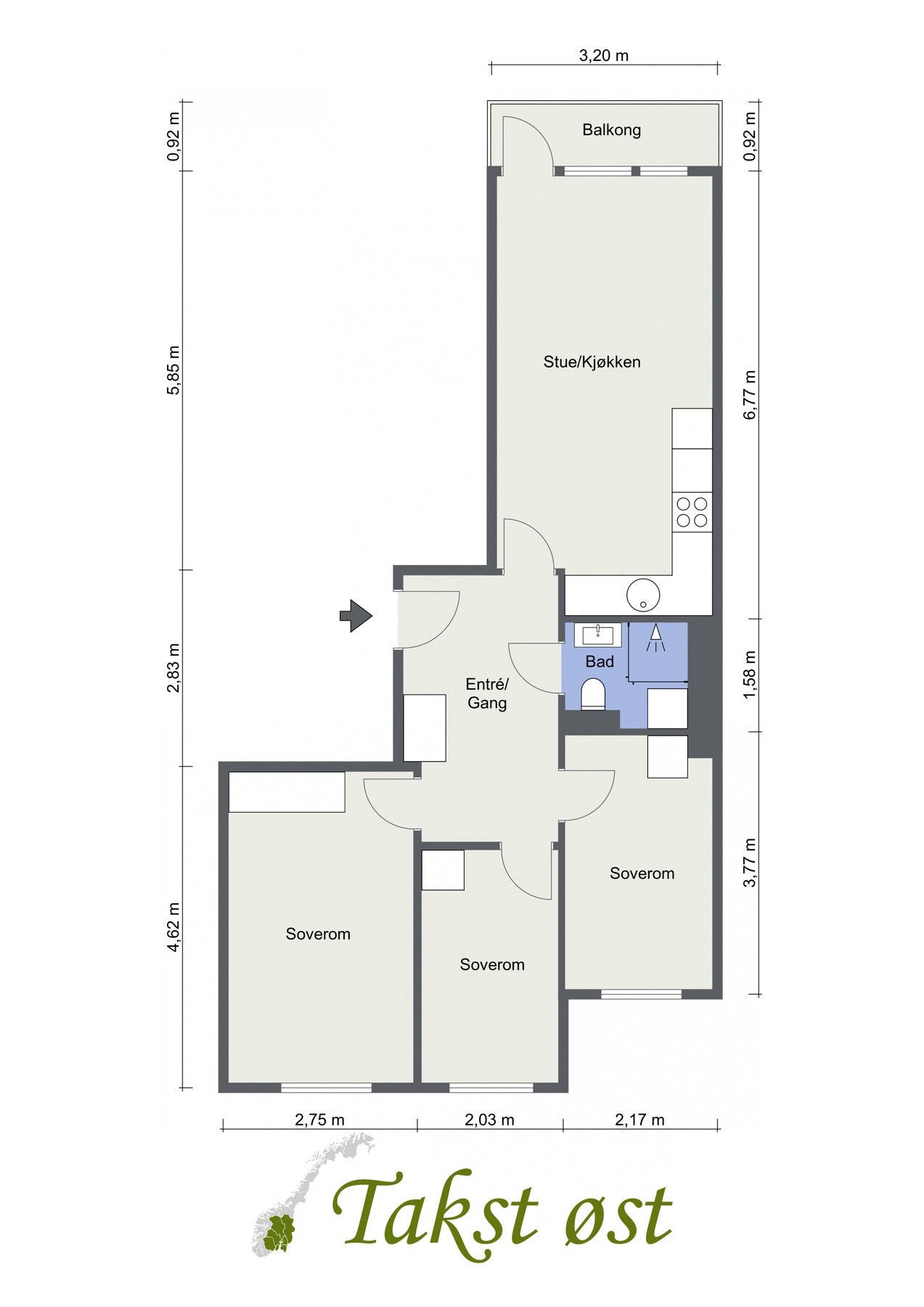 Plantegning. I tillegg disponerer leiligheten en kjellerbod på 3,4 m2. Galleribilde