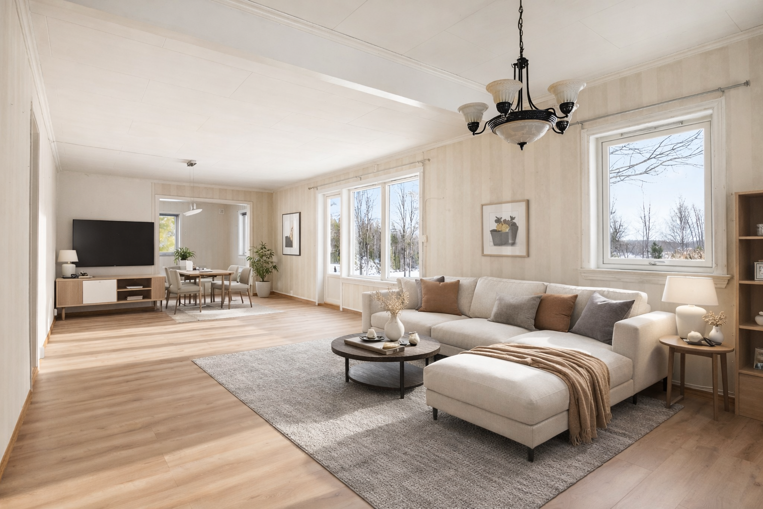 Stue/spisestue møblert digitalt med AI som eksempel på hvordan man kan innredet rommet Galleribilde