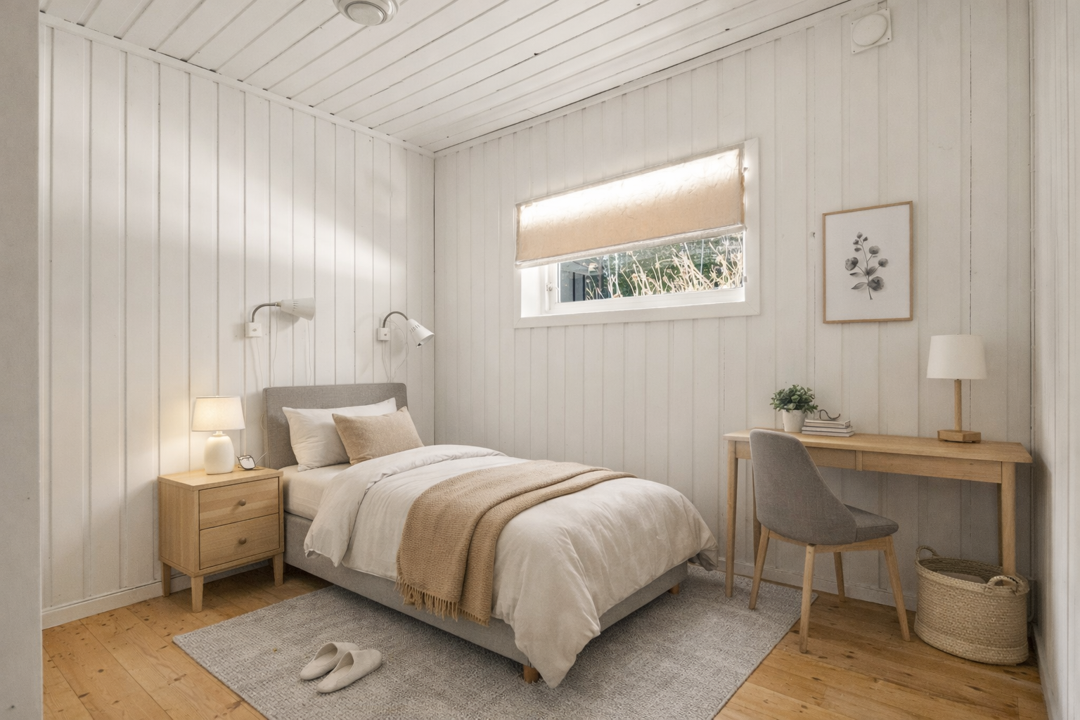 Soverom 1 fritidsbolig møblert digitalt med AI Galleribilde