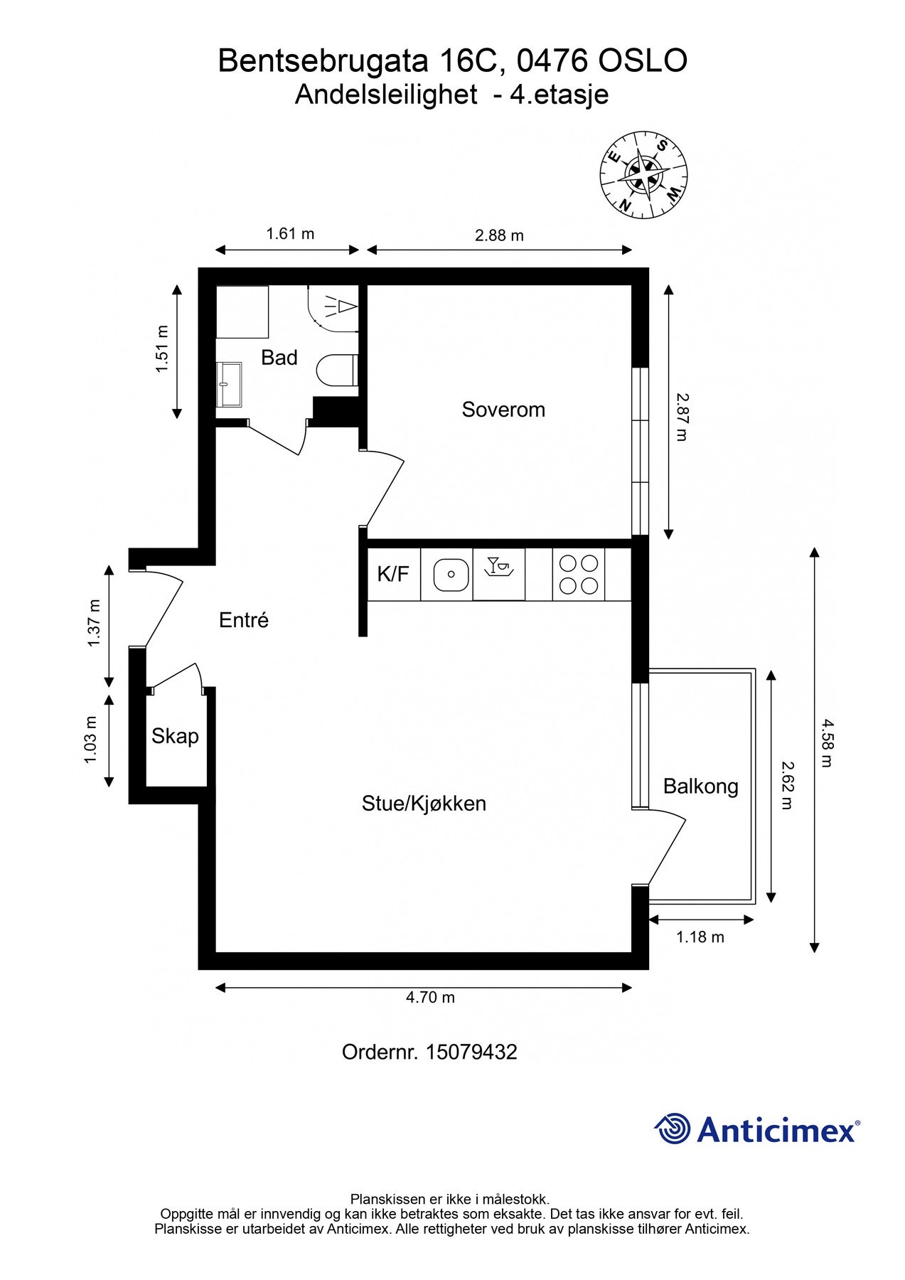Leiligheten disponerer bod på loft (3 m² målbart areal, men 6 m² gulvareal) + kjellerbod (3 m²). Galleribilde