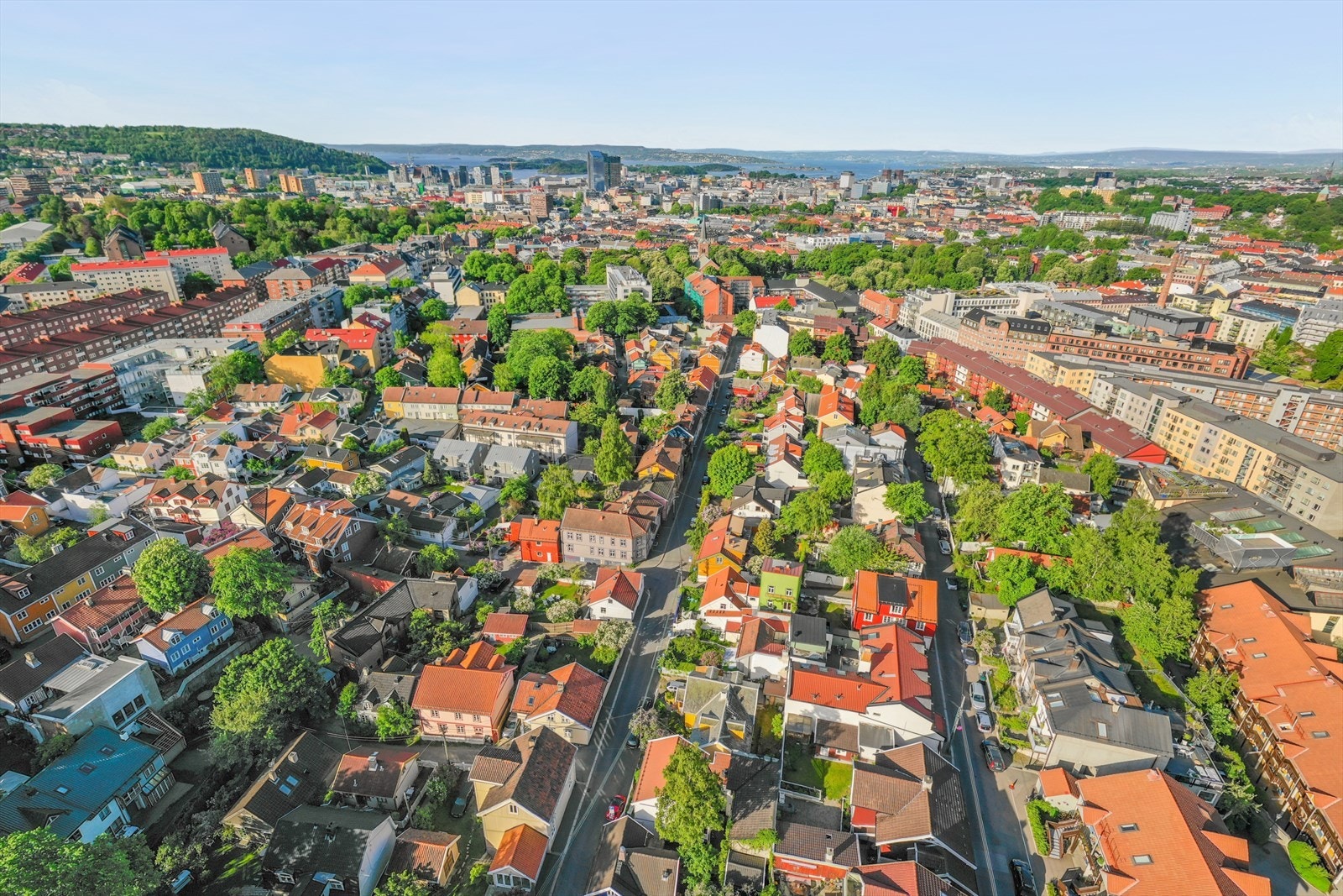 Dronebilde av Rodeløkka trehusbebyggelse. Galleribilde