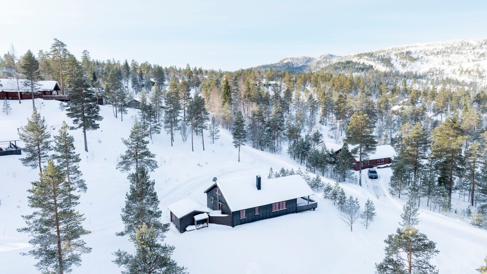 Eiendommen sett fra luften, romslig tomt med god avstand til naboer og flott beliggenhet i etablert hytteområde. Galleribilde