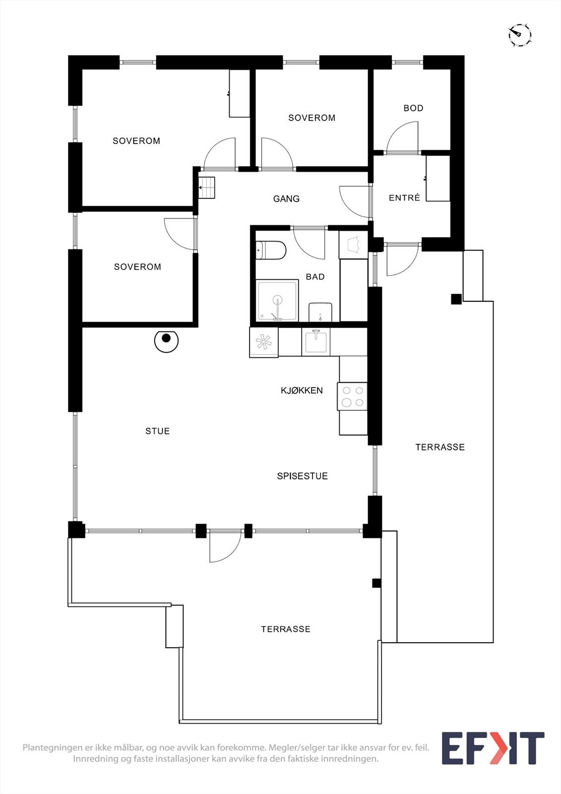 Planløsningen viser en romslig stue med vedovn, kjøkken med integrerte hvitevarer, og utgang til terrasse. Badet har flislagt gulv med elektriske varmekabler og mekanisk avtrekk. Galleribilde