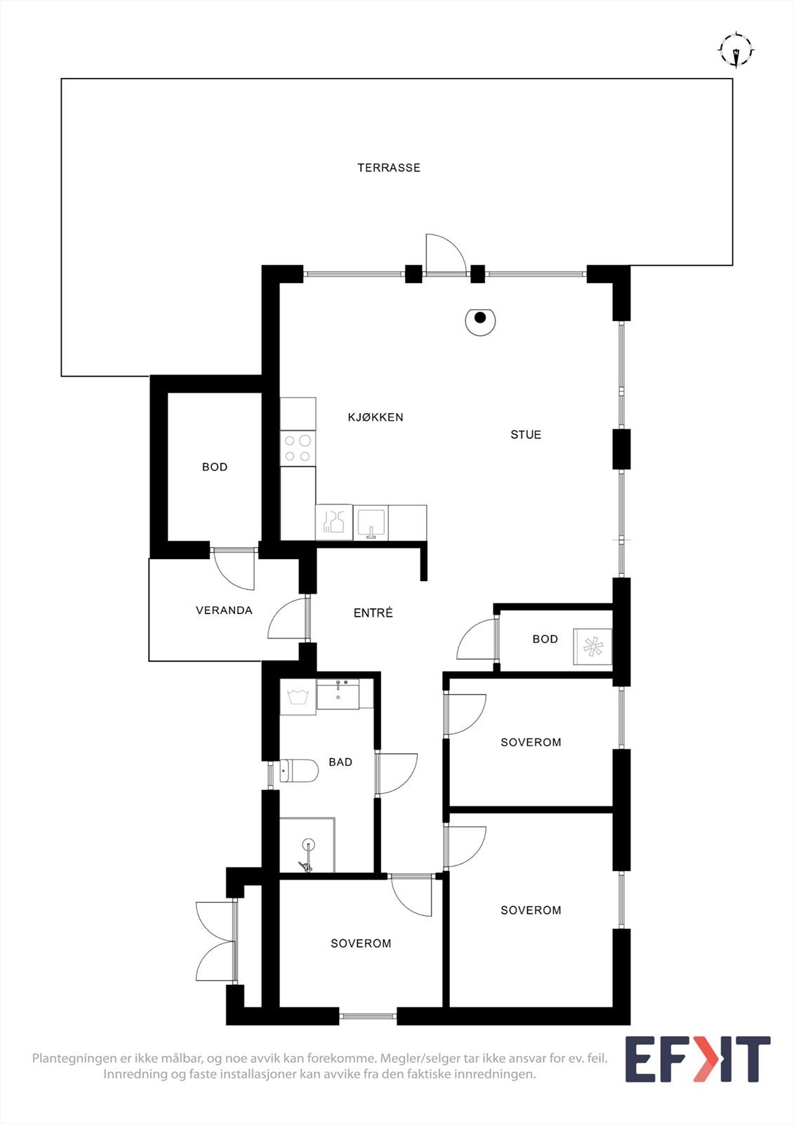 Hytta har en arealeffektiv planløsning med tre soverom, bad og en åpen stue- og kjøkkenløsning. Galleribilde