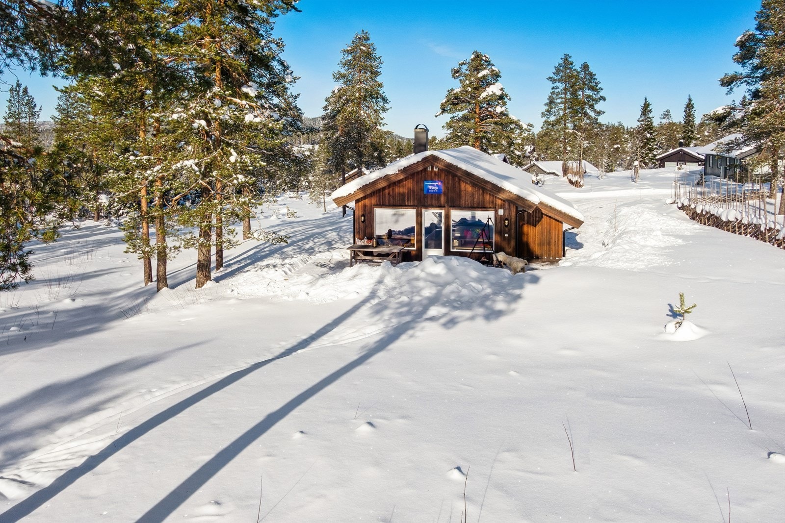 Uteområdet ligger usjenert til, omkranset av furutrær. Helårs bilvei helt frem til hytta, og med god parkering på egen tomt. Galleribilde