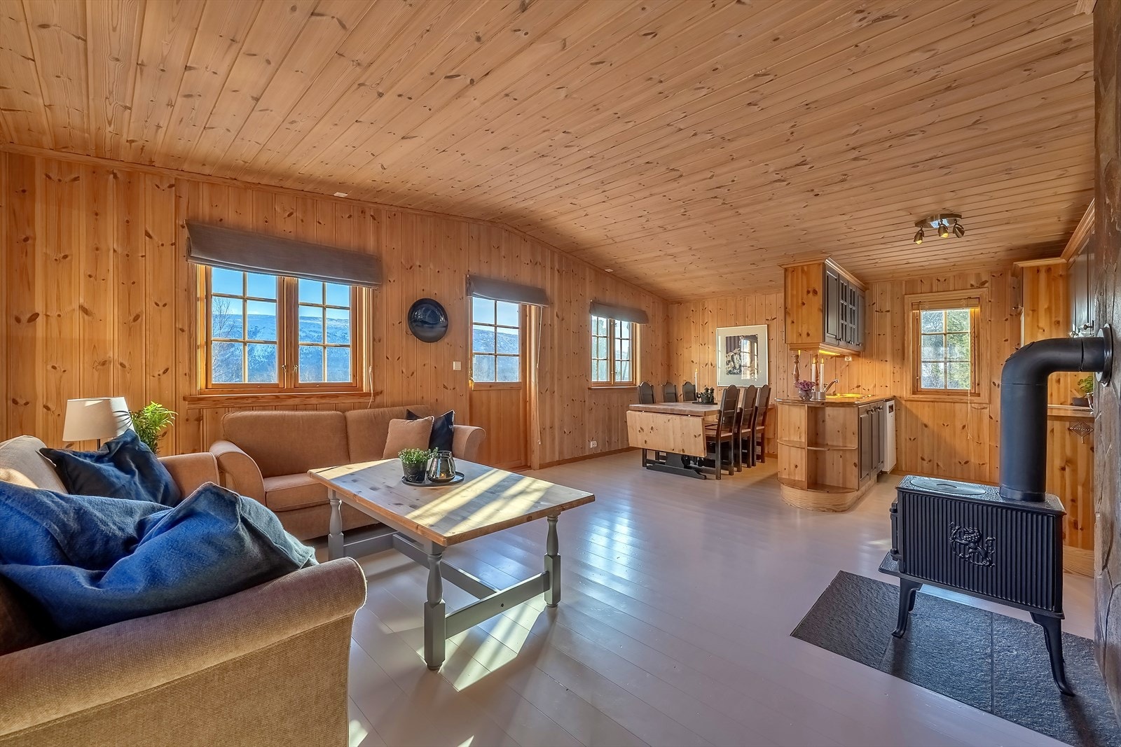 Koselig stue med peisovn og utgang til terrasse Galleribilde