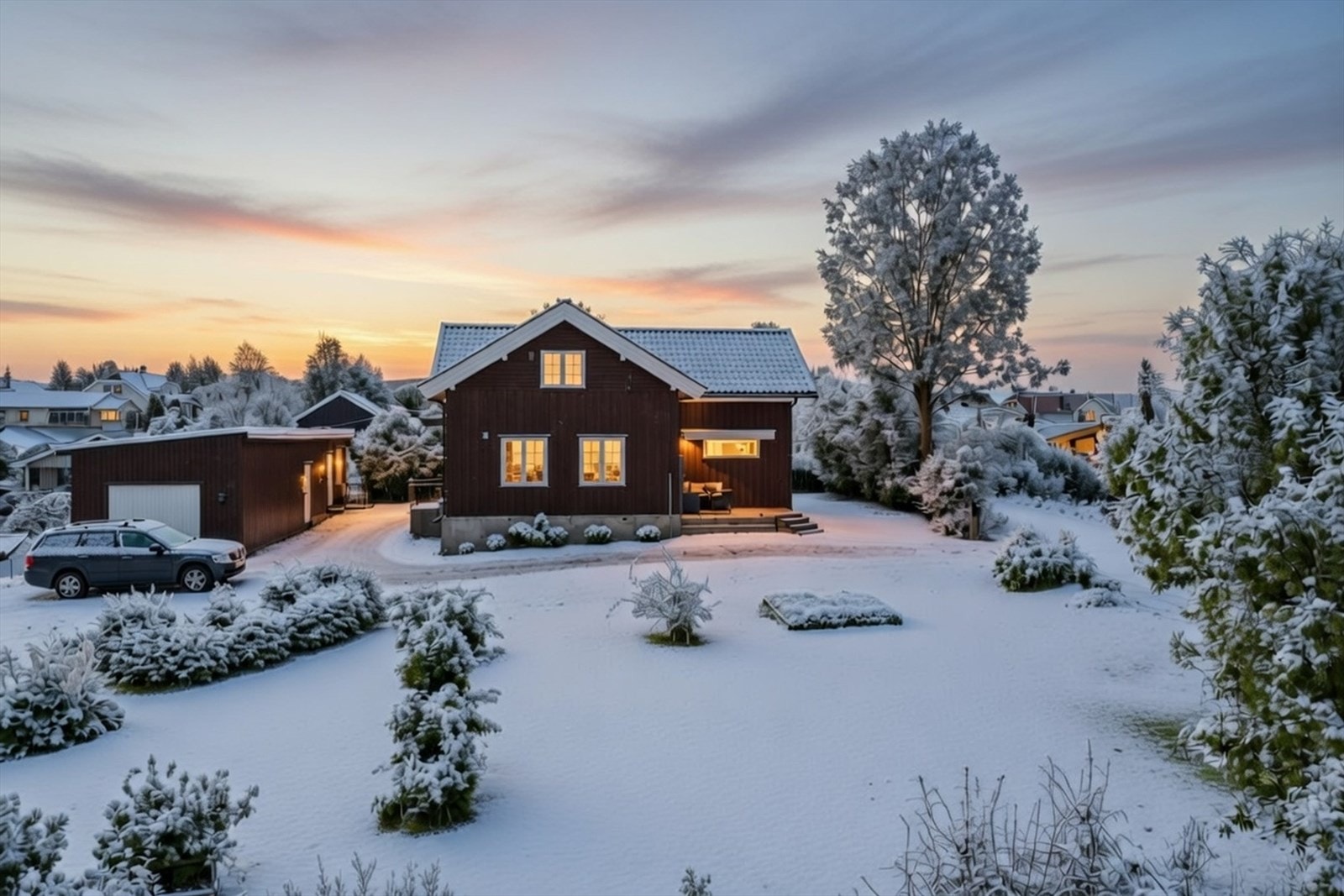 Etablert boligområde med variert bebyggelse. Vinterstemningen i dette bildet er skapt av AI og kan avvike fra virkeligheten. Galleribilde