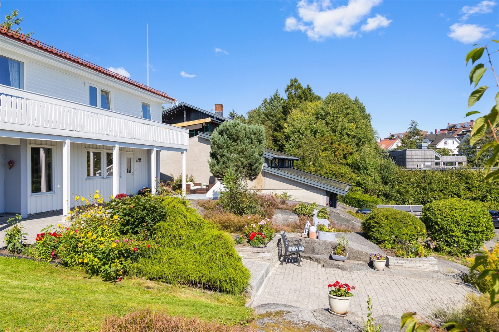 Hagen fremstår velstelt og trivelig, med både plen og beplantning som skaper et innbydende uterom Galleribilde